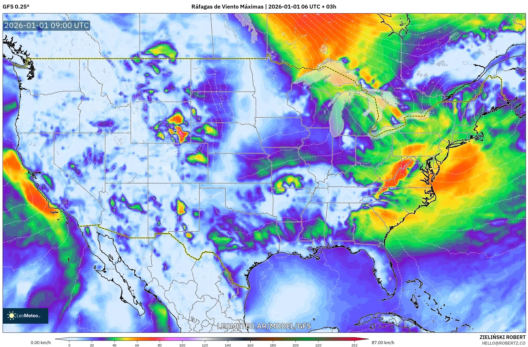GFS model - Estados Unidos, Ráfagas de Viento Máximas