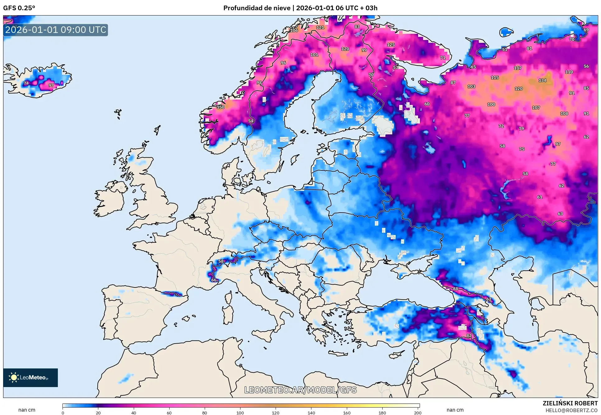GFS model - Europa, Profundidad de nieve