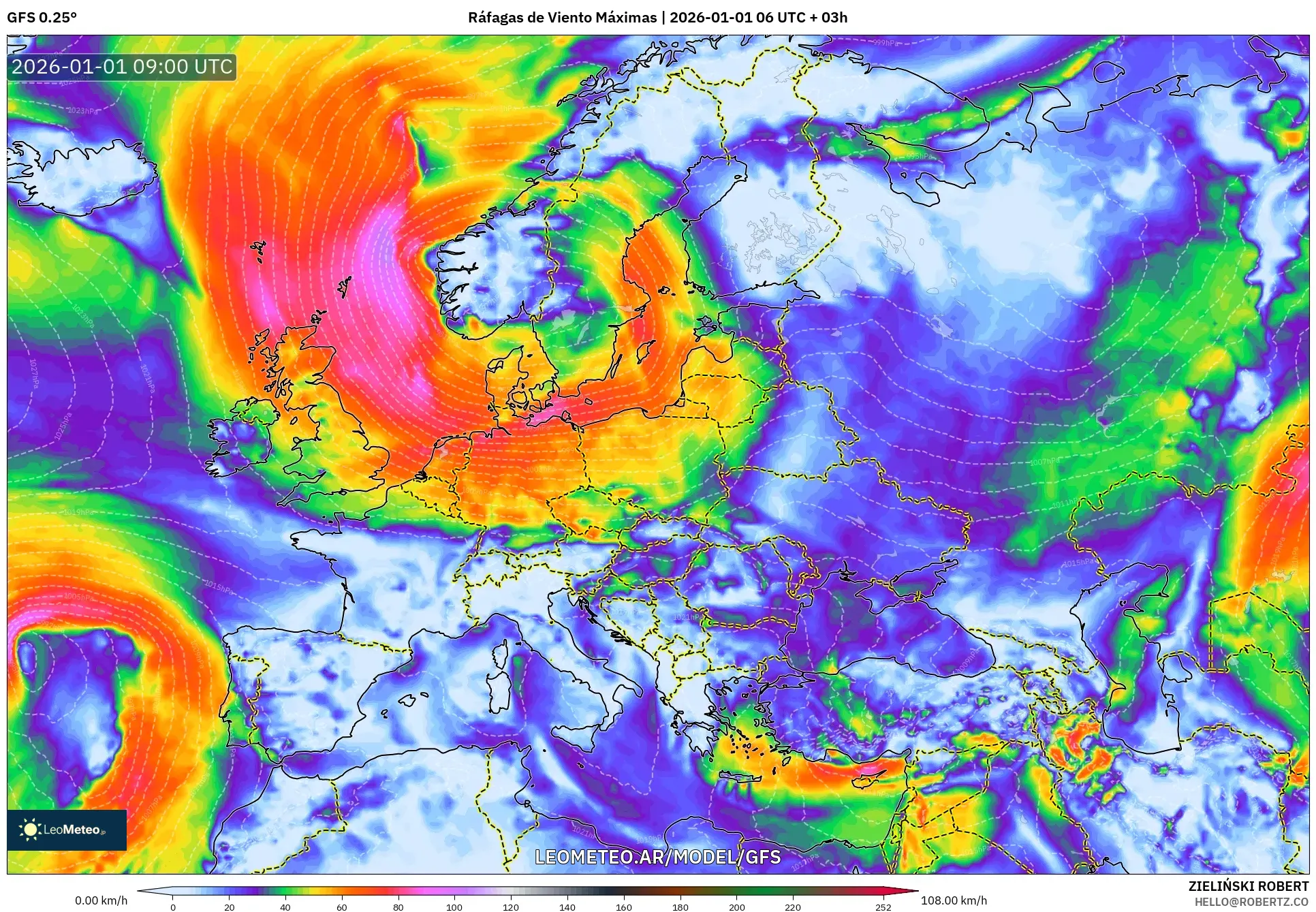GFS model - Europa, Ráfagas de Viento Máximas