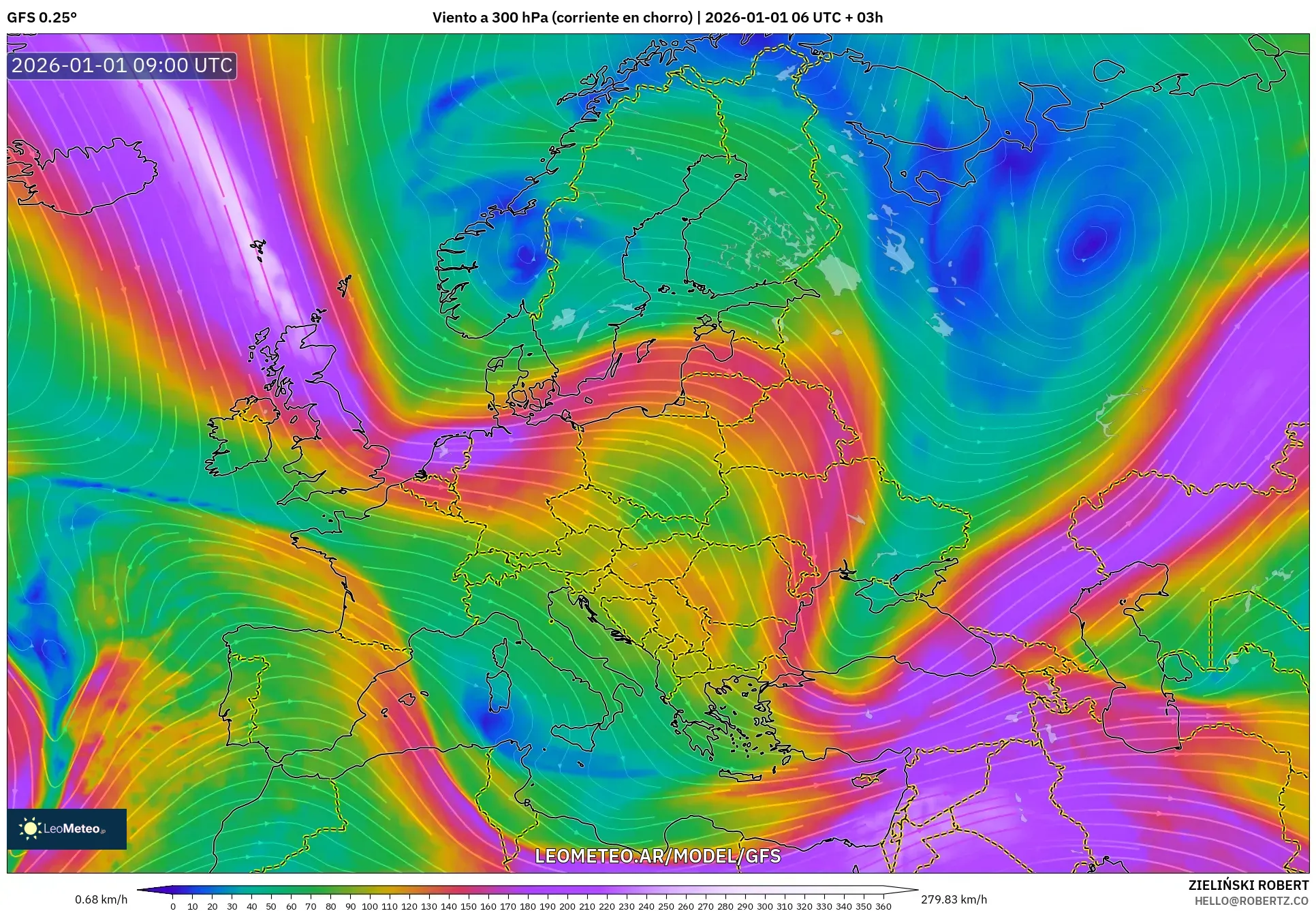GFS model - Europa, Viento a 300 hPa (corriente en chorro)
