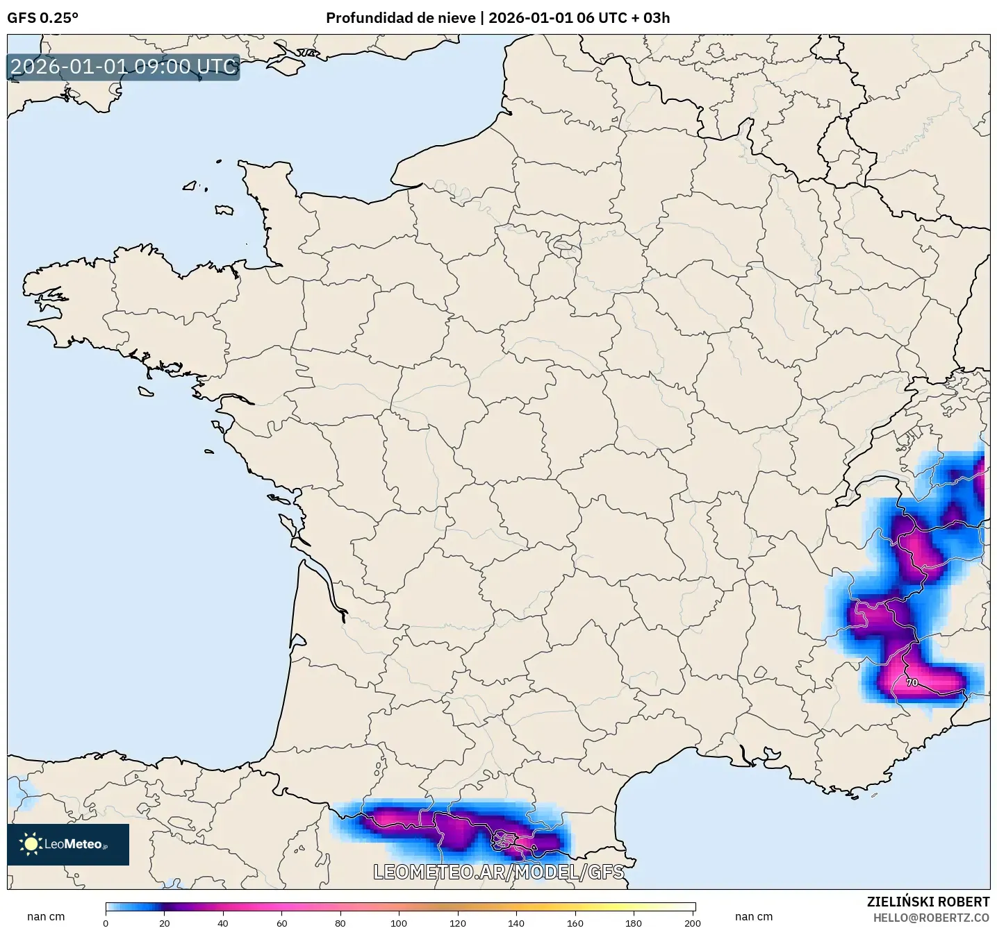 GFS model - Francia, Profundidad de nieve