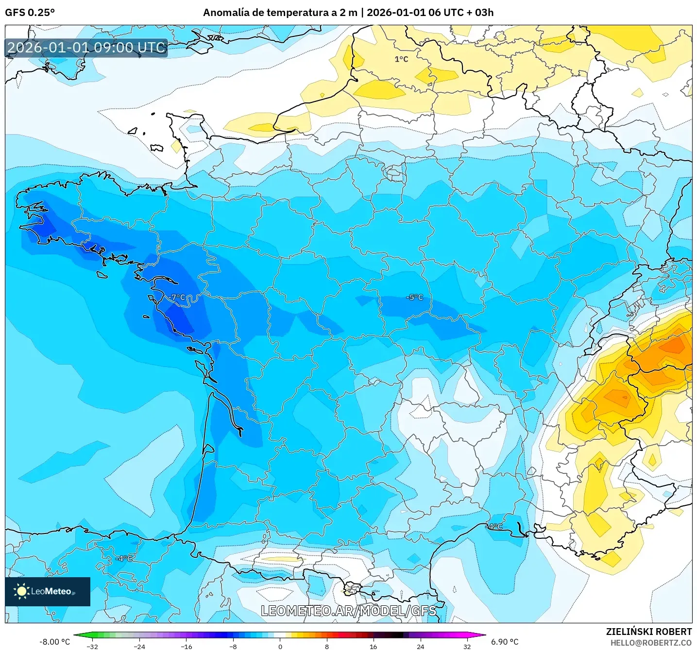 GFS model - Francia, Anomalía de temperatura a 2 m