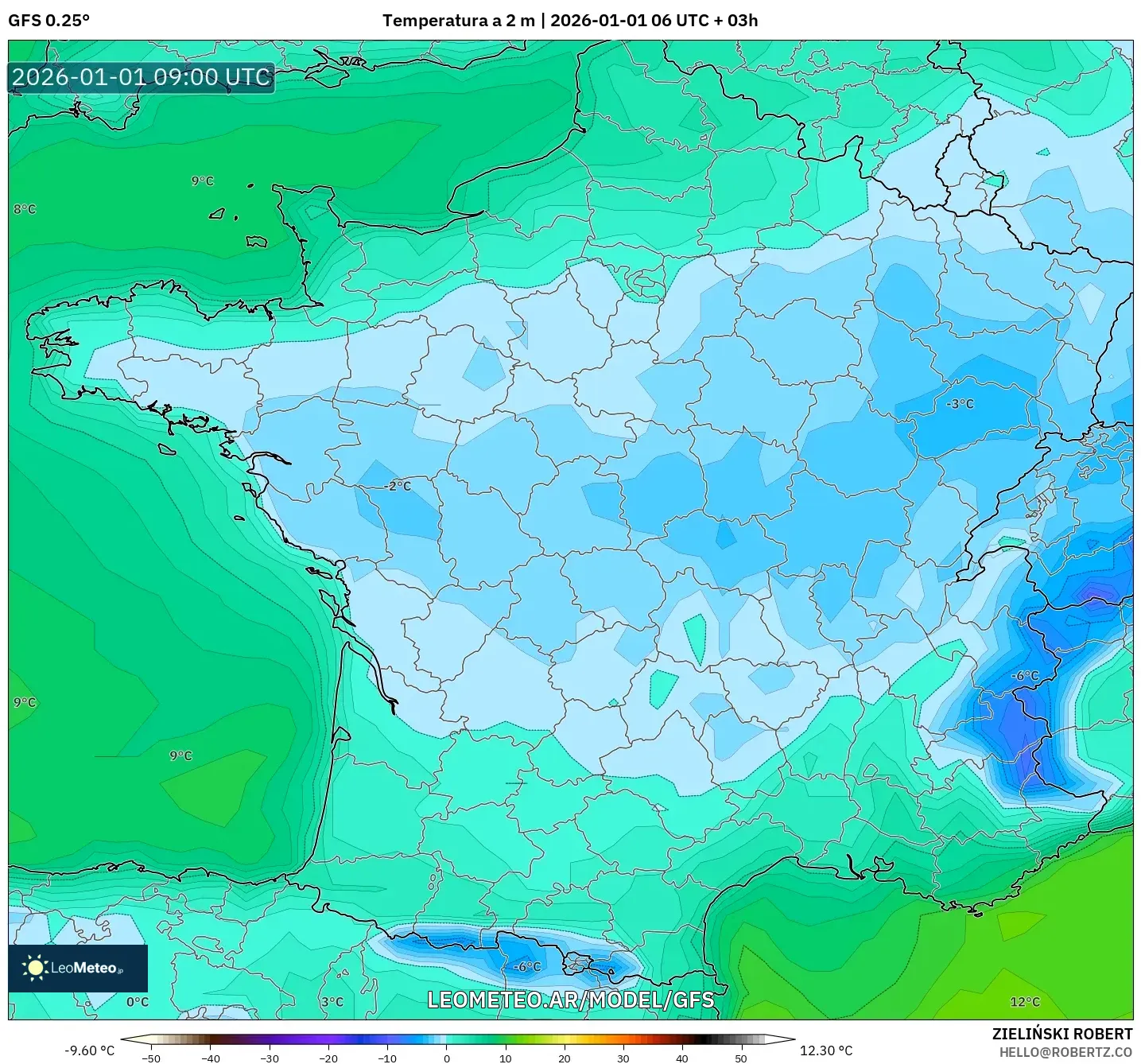 GFS model - Francia, Temperatura a 2 m