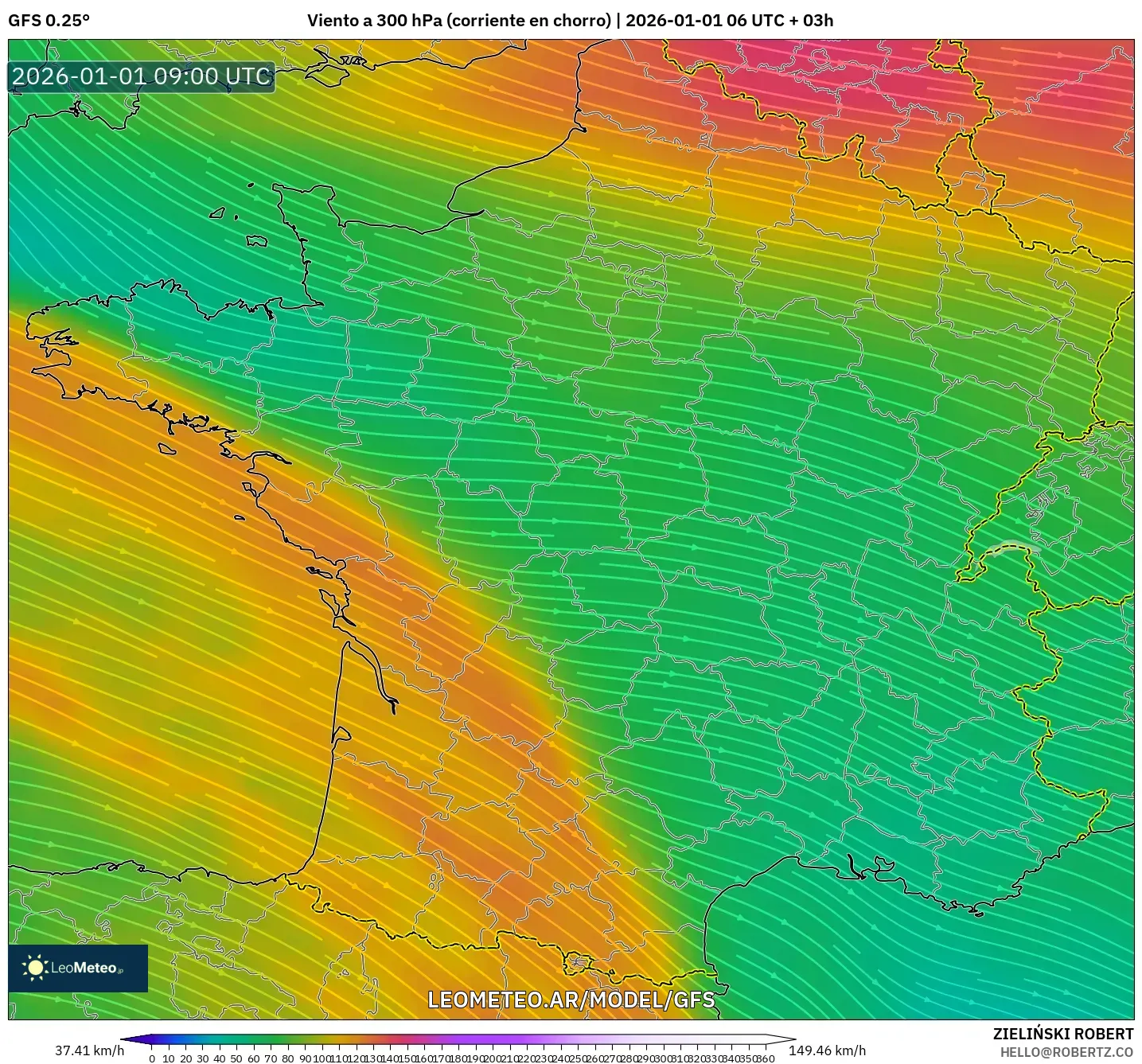 GFS model - Francia, Viento a 300 hPa (corriente en chorro)