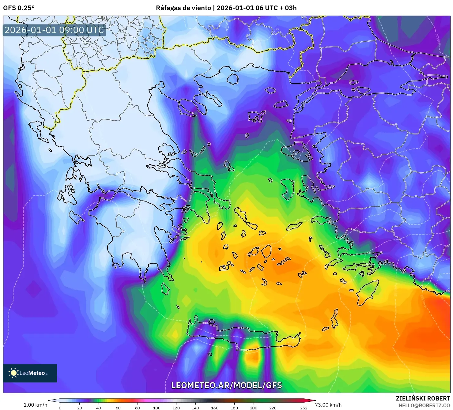 GFS model - Grecia, Ráfagas de viento