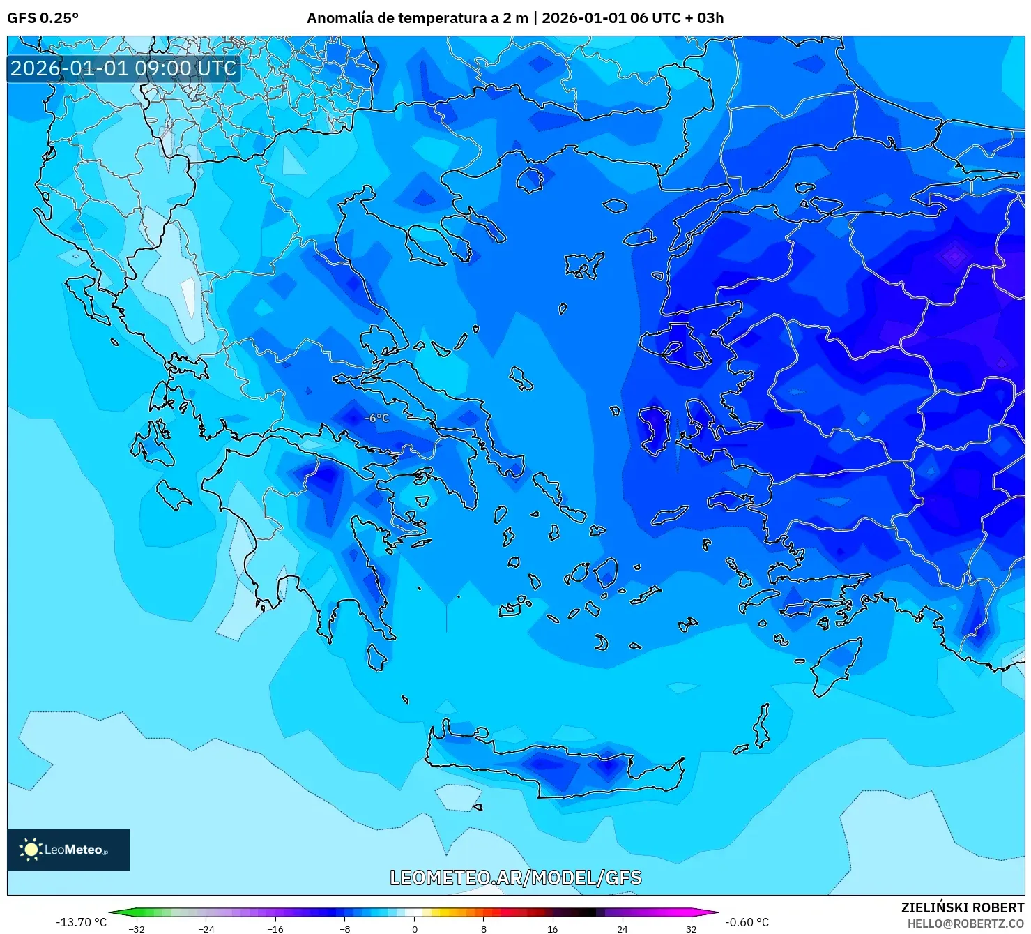 GFS model - Grecia, Anomalía de temperatura a 2 m