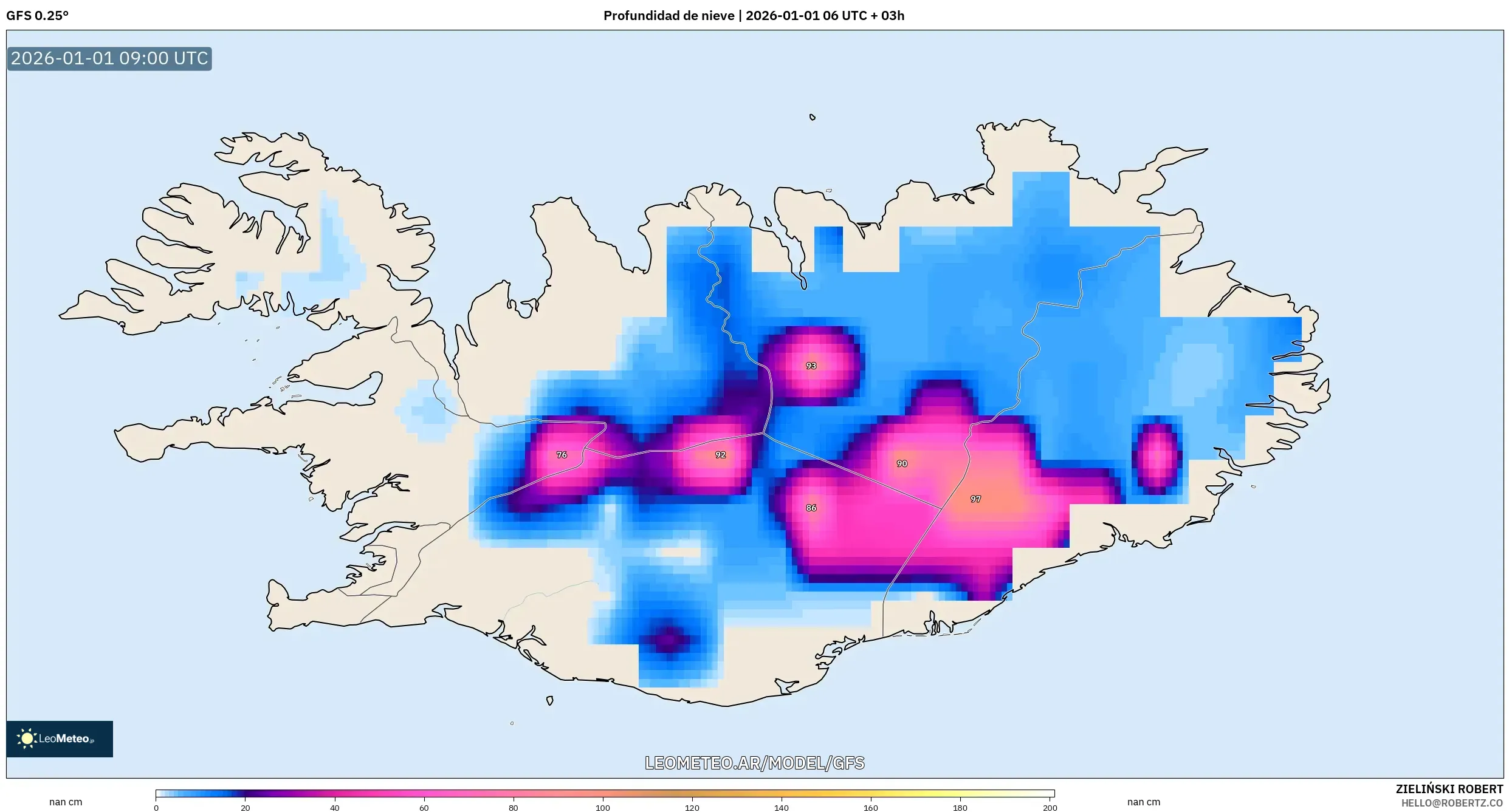 GFS model - Islandia, Profundidad de nieve