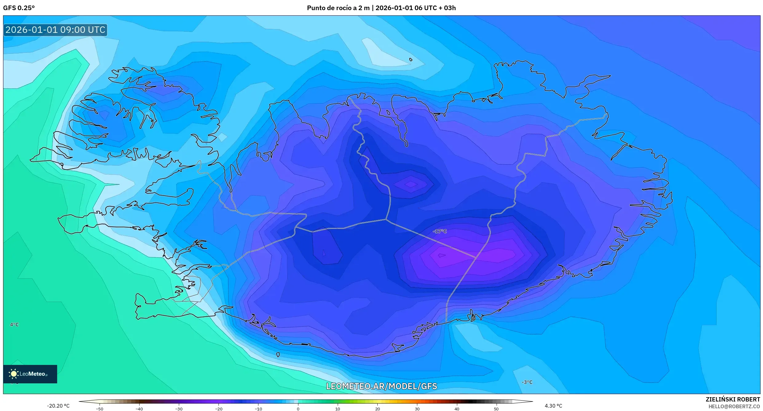GFS model - Islandia, Punto de rocío a 2 m