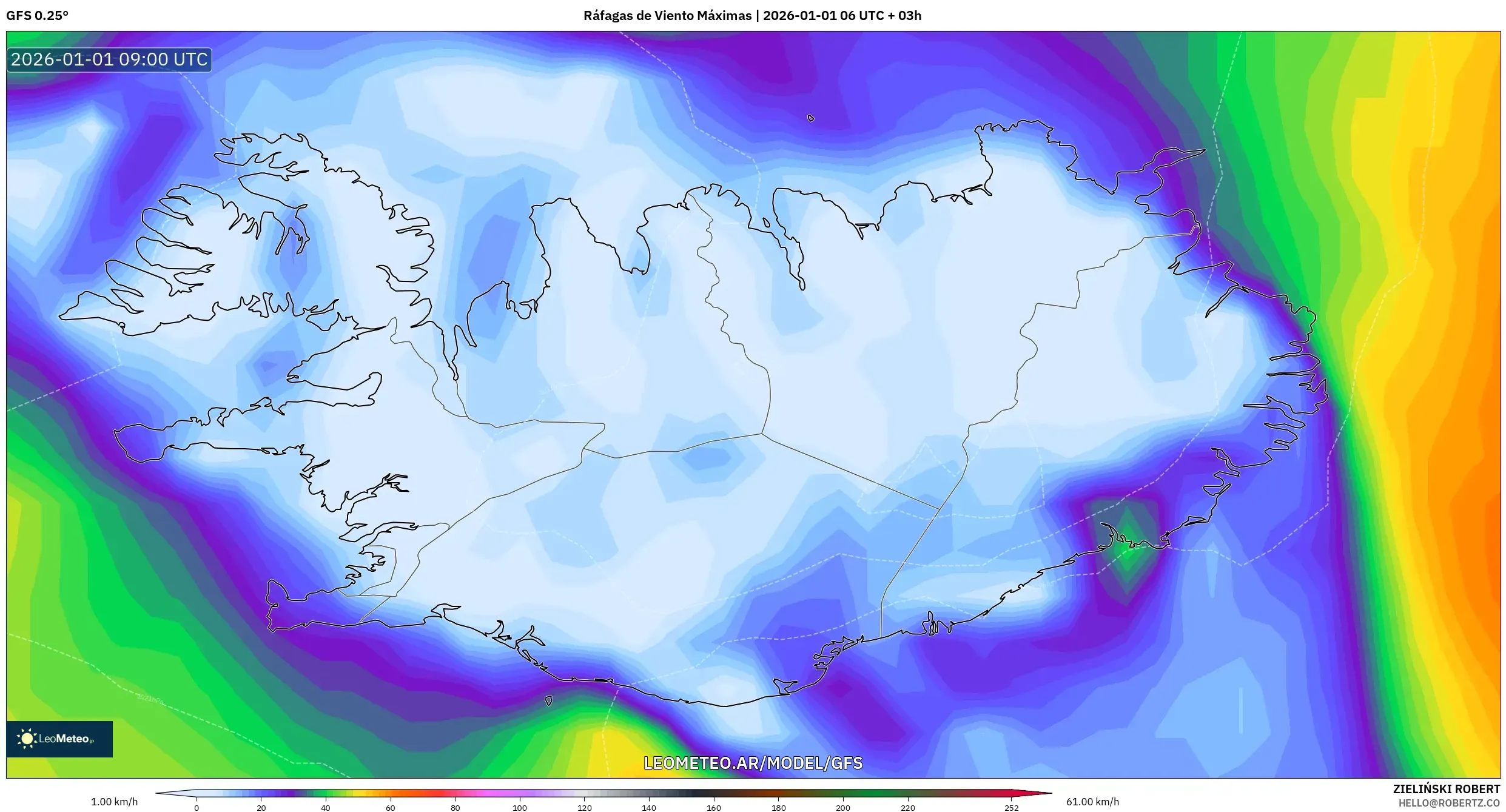 GFS model - Islandia, Ráfagas de Viento Máximas