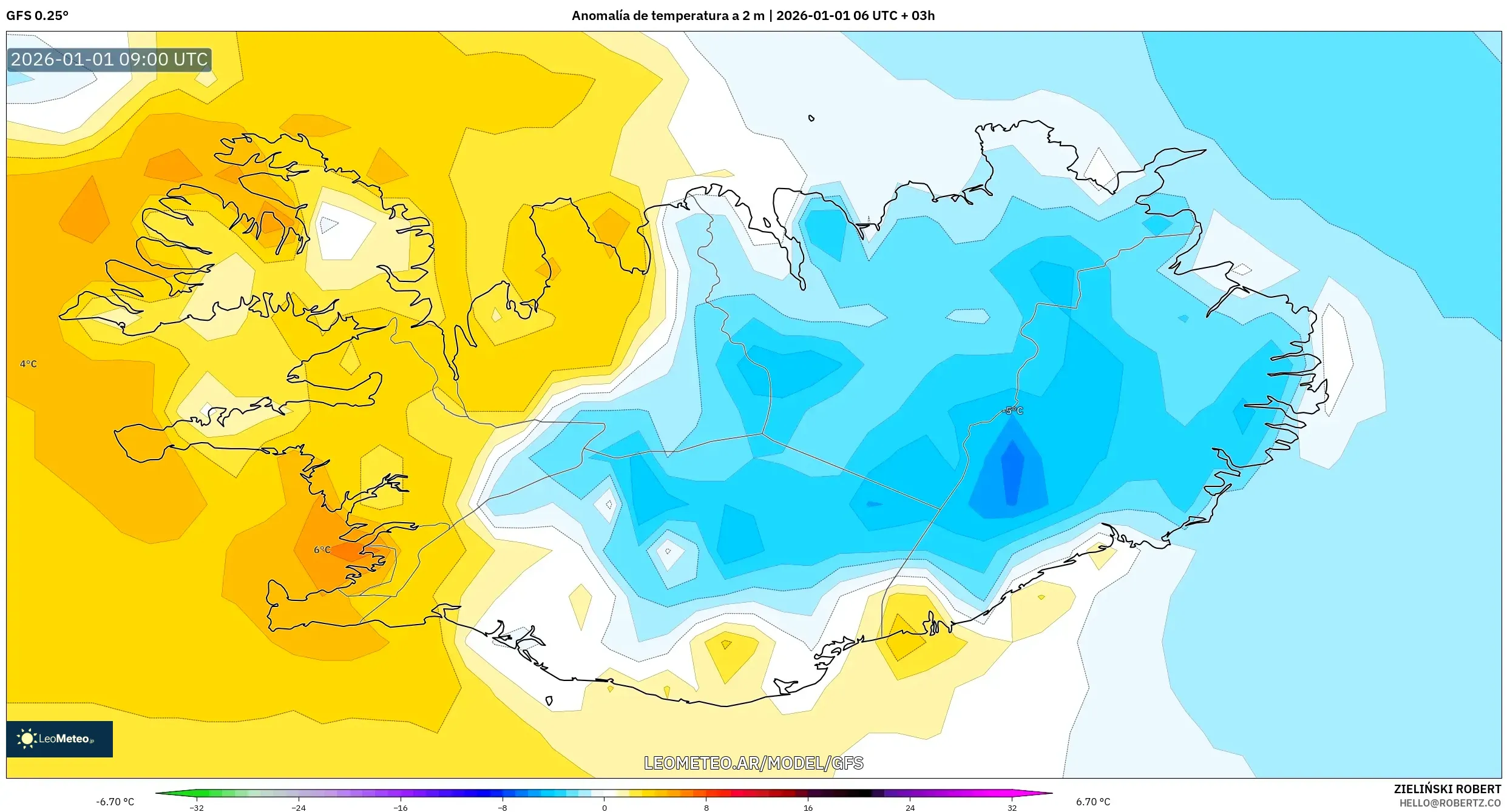 GFS model - Islandia, Anomalía de temperatura a 2 m