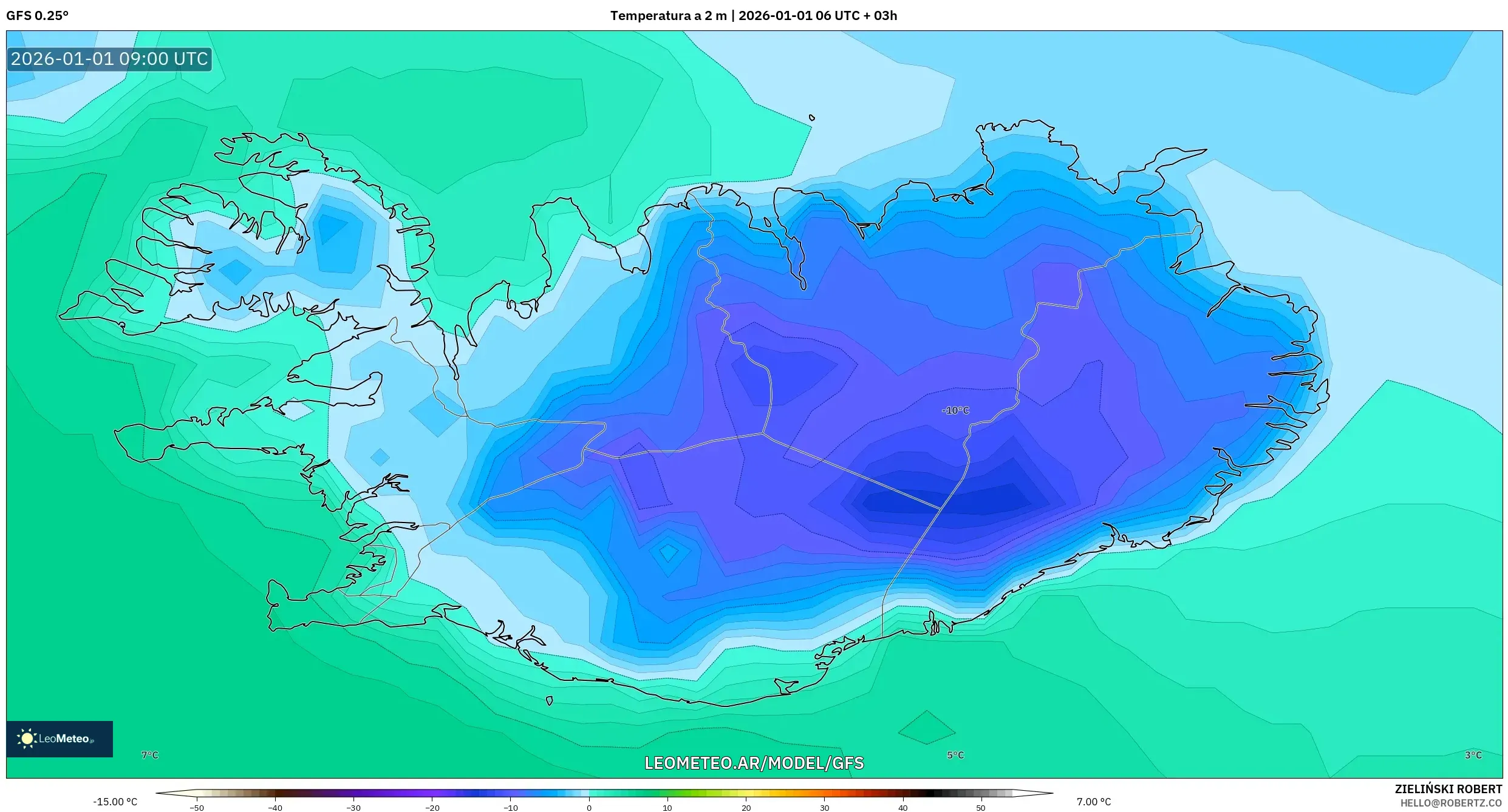GFS model - Islandia, Temperatura a 2 m