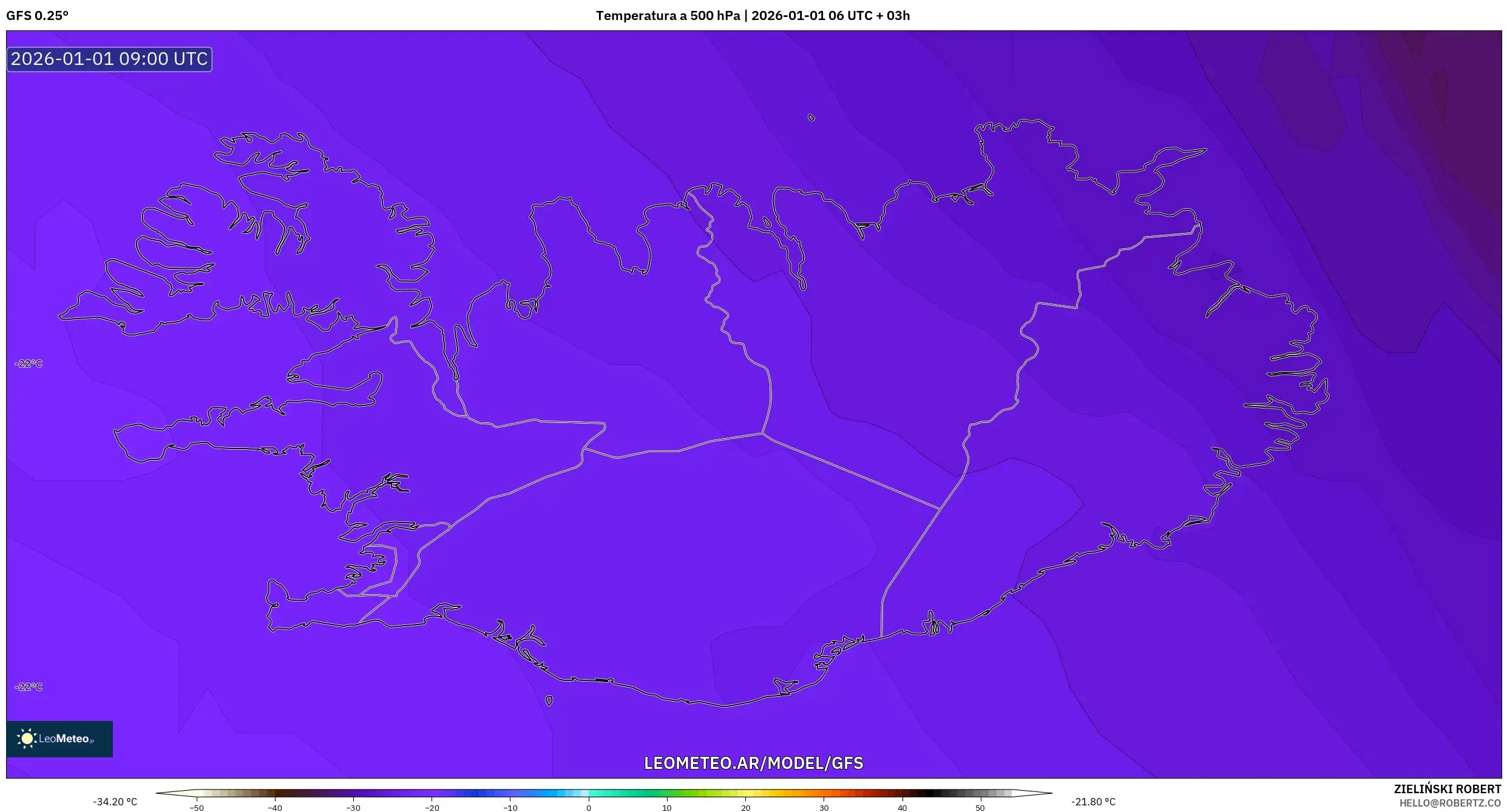 GFS model - Islandia, Temperatura a 500 hPa