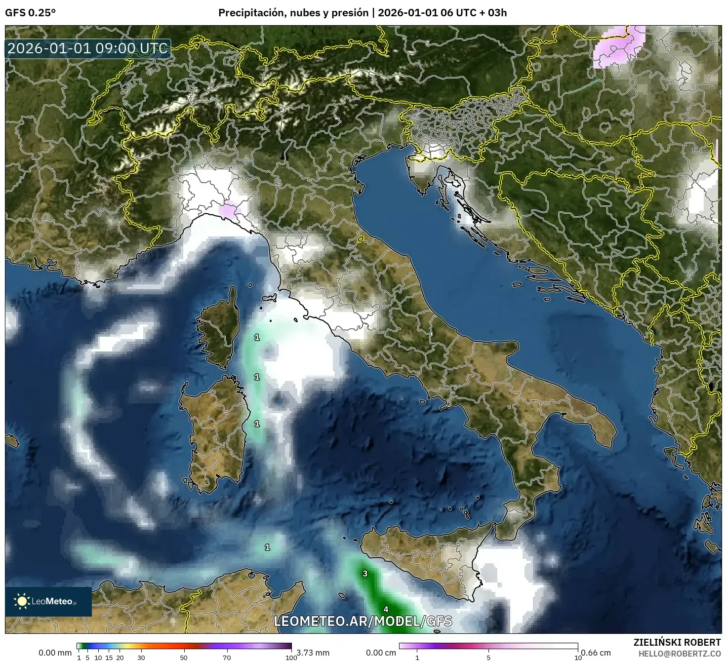 GFS model - Italia, Precipitación, nubes y presión