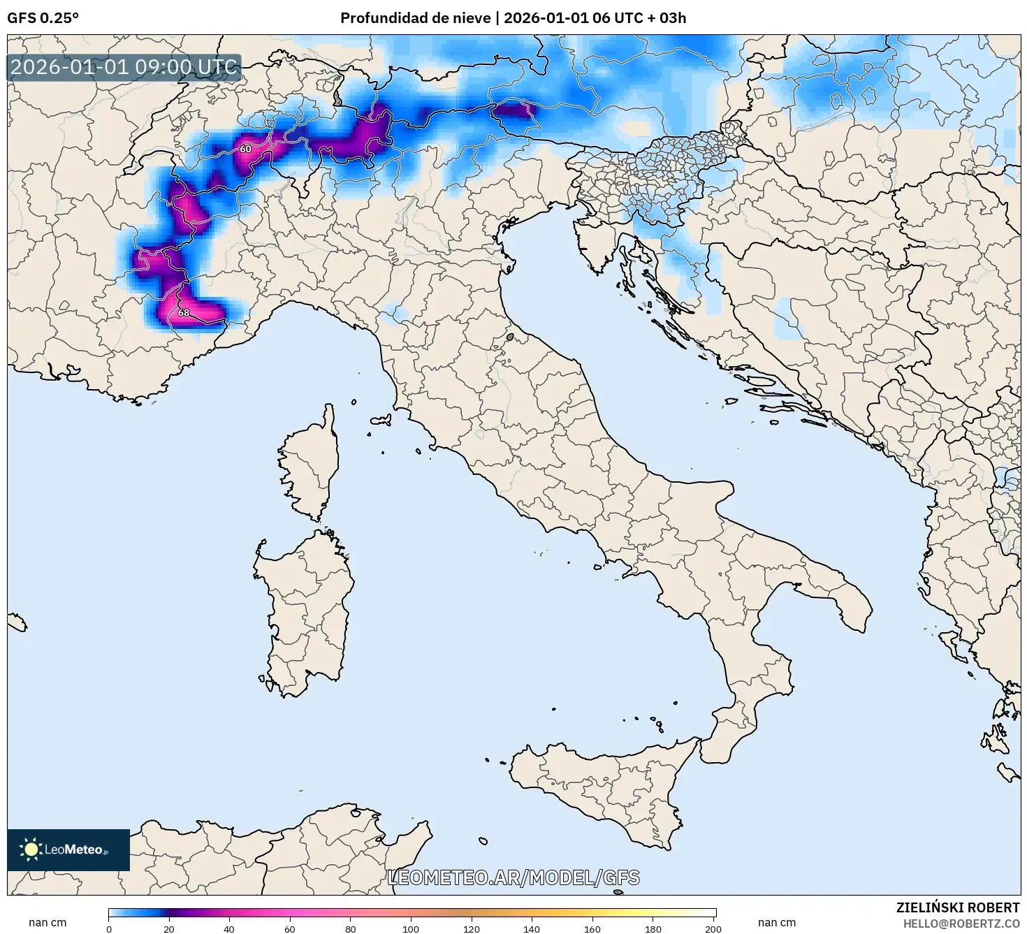GFS model - Italia, Profundidad de nieve