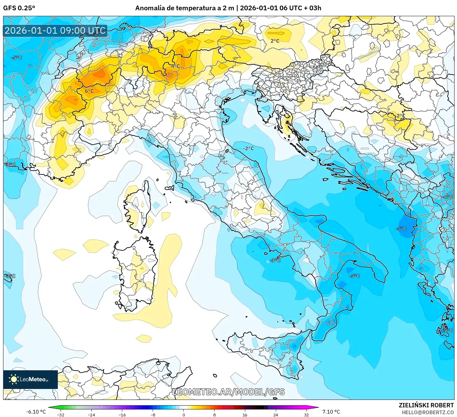 GFS model - Italia, Anomalía de temperatura a 2 m