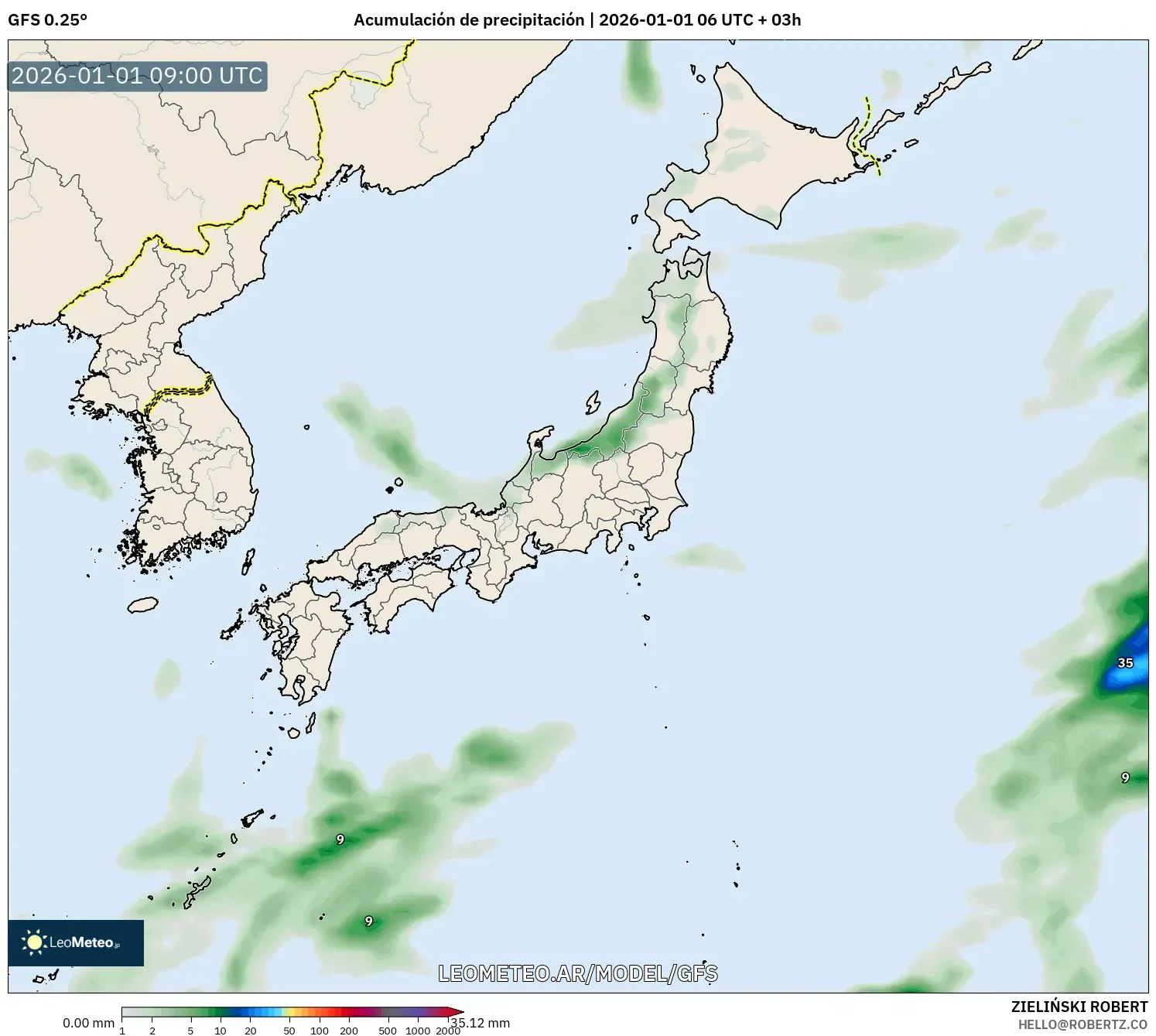 GFS model - Japón, Acumulación de precipitación