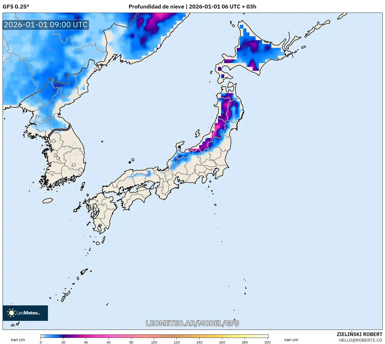 GFS model - Japón, Profundidad de nieve