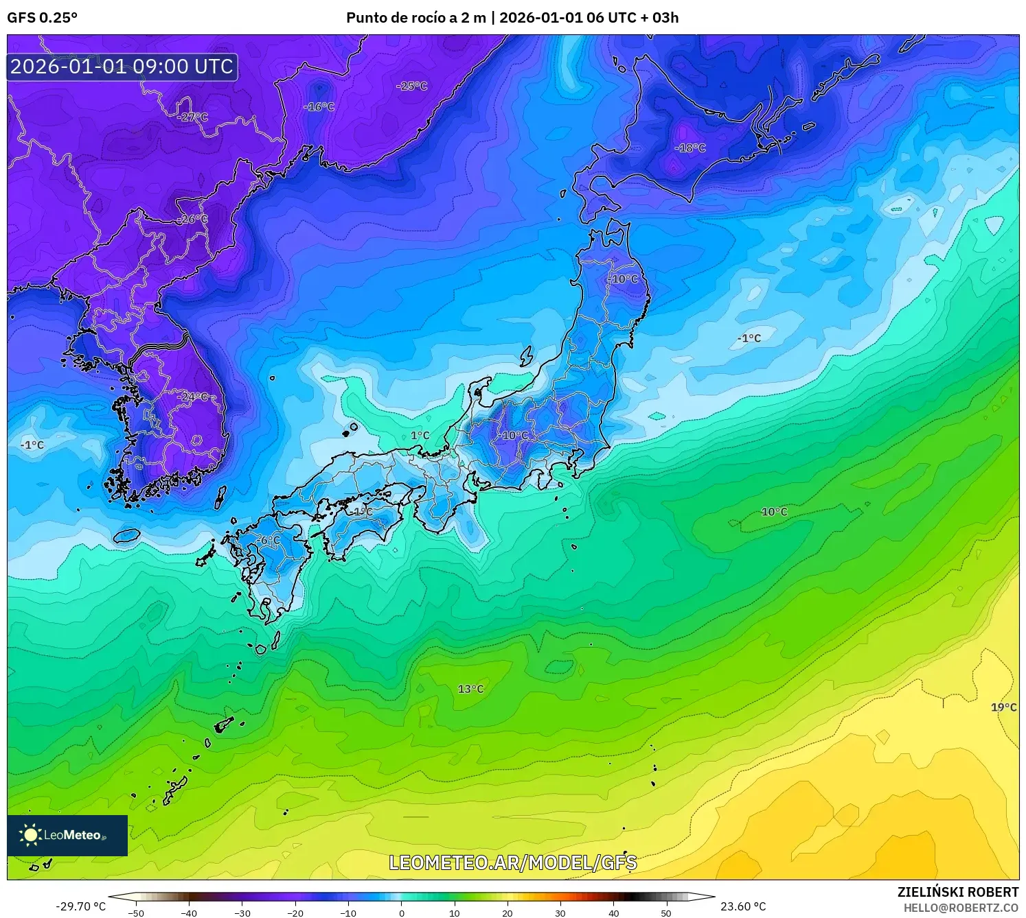 GFS model - Japón, Punto de rocío a 2 m