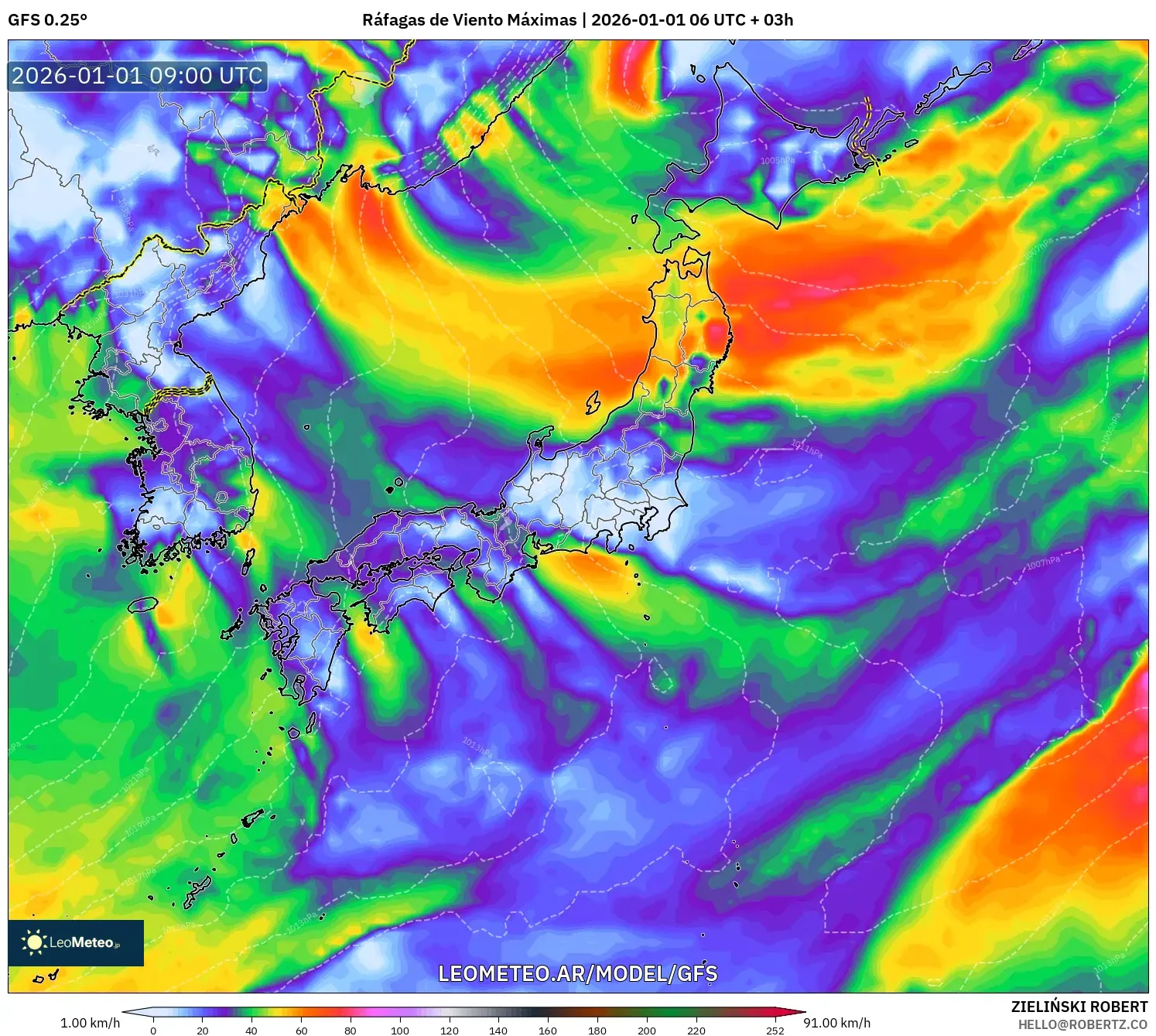 GFS model - Japón, Ráfagas de Viento Máximas