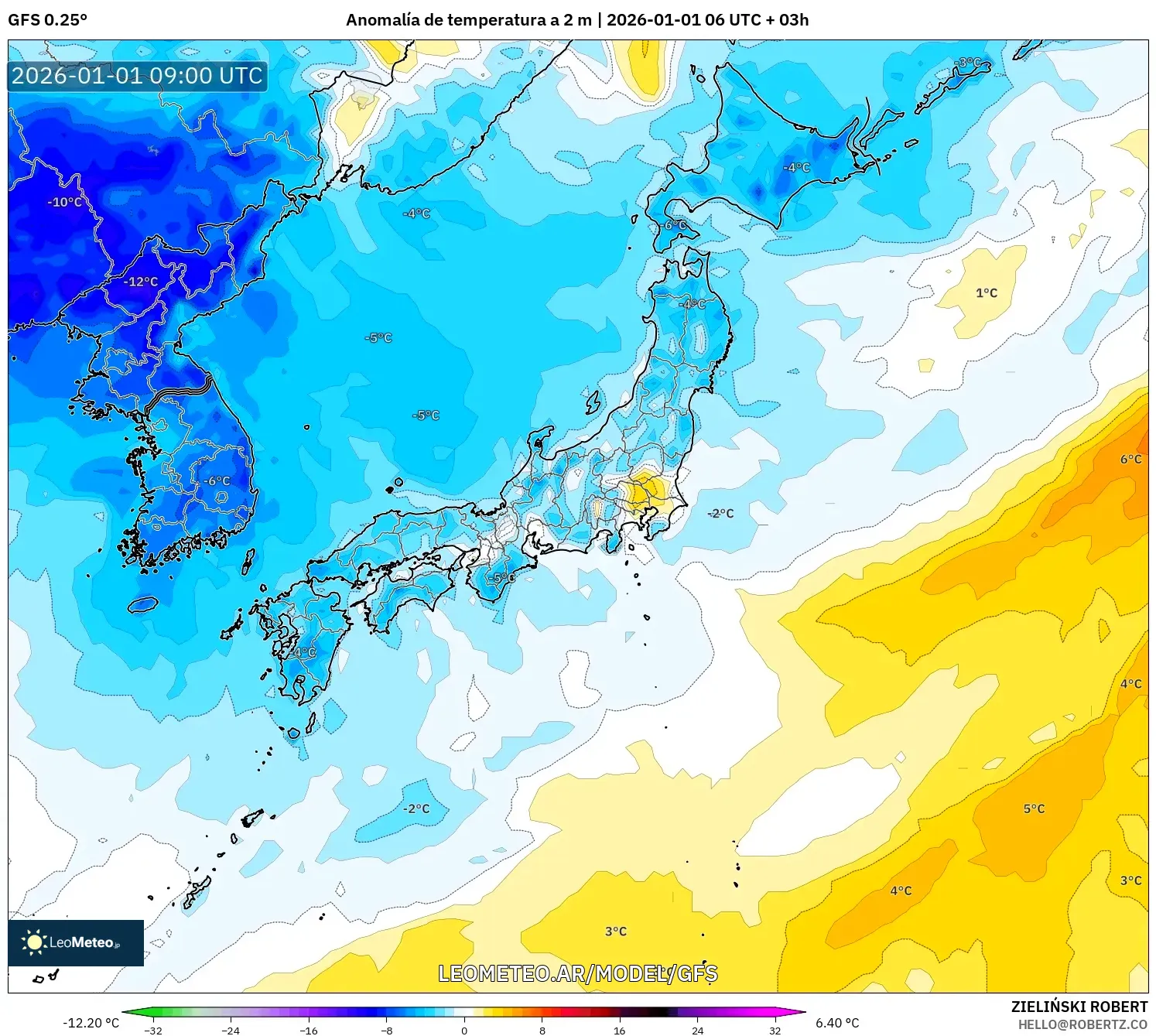 GFS model - Japón, Anomalía de temperatura a 2 m