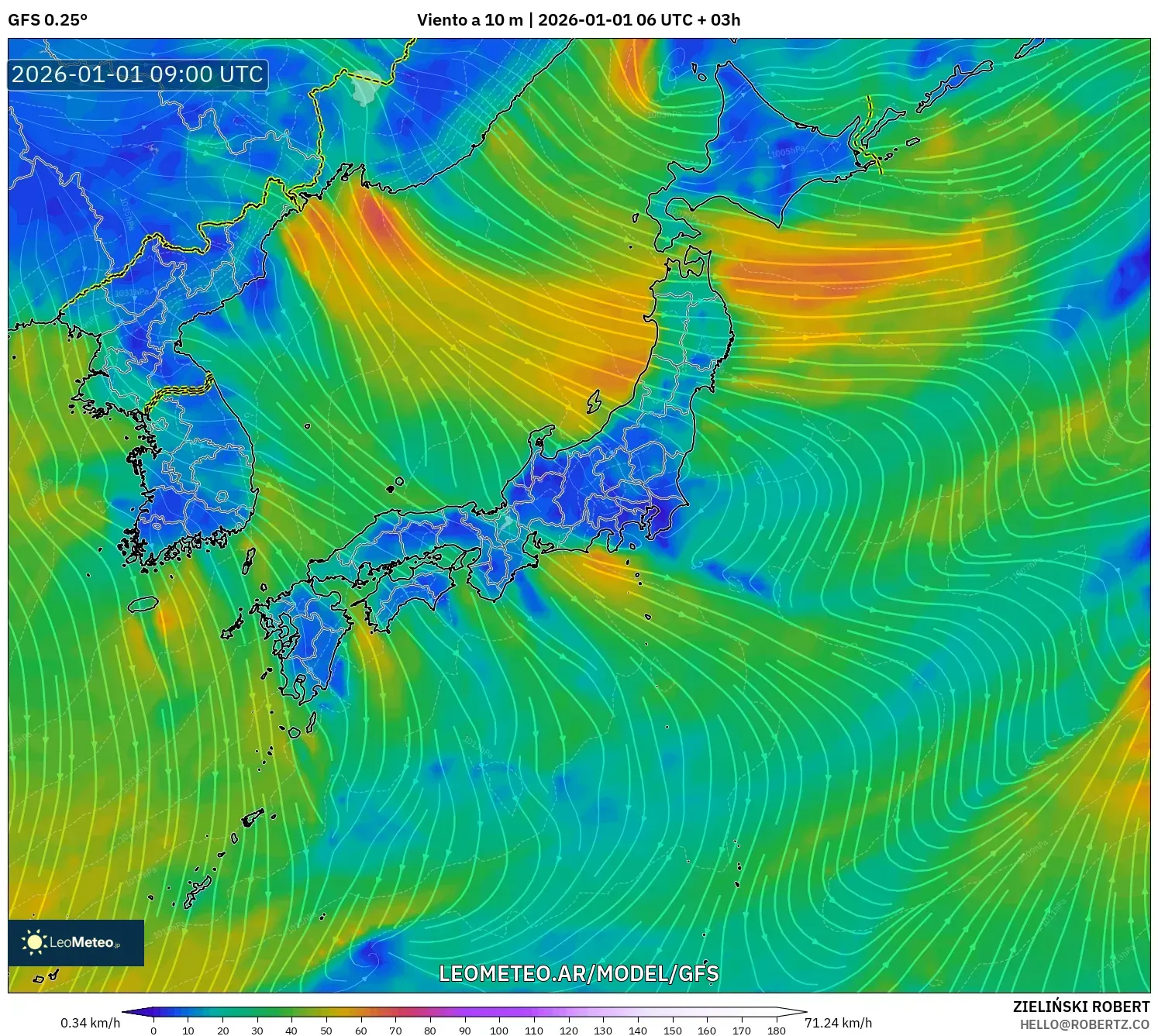 GFS model - Japón, Viento a 10 m