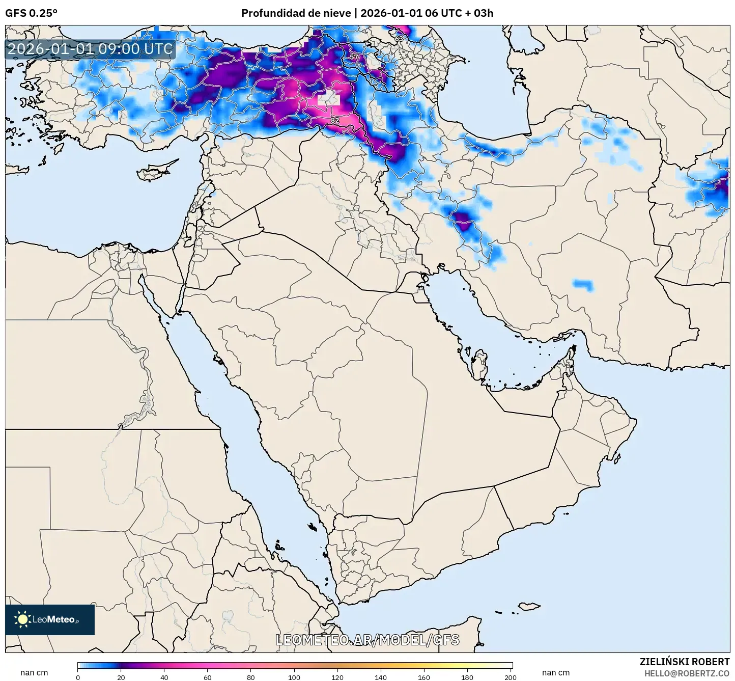GFS model - Oriente Medio, Profundidad de nieve