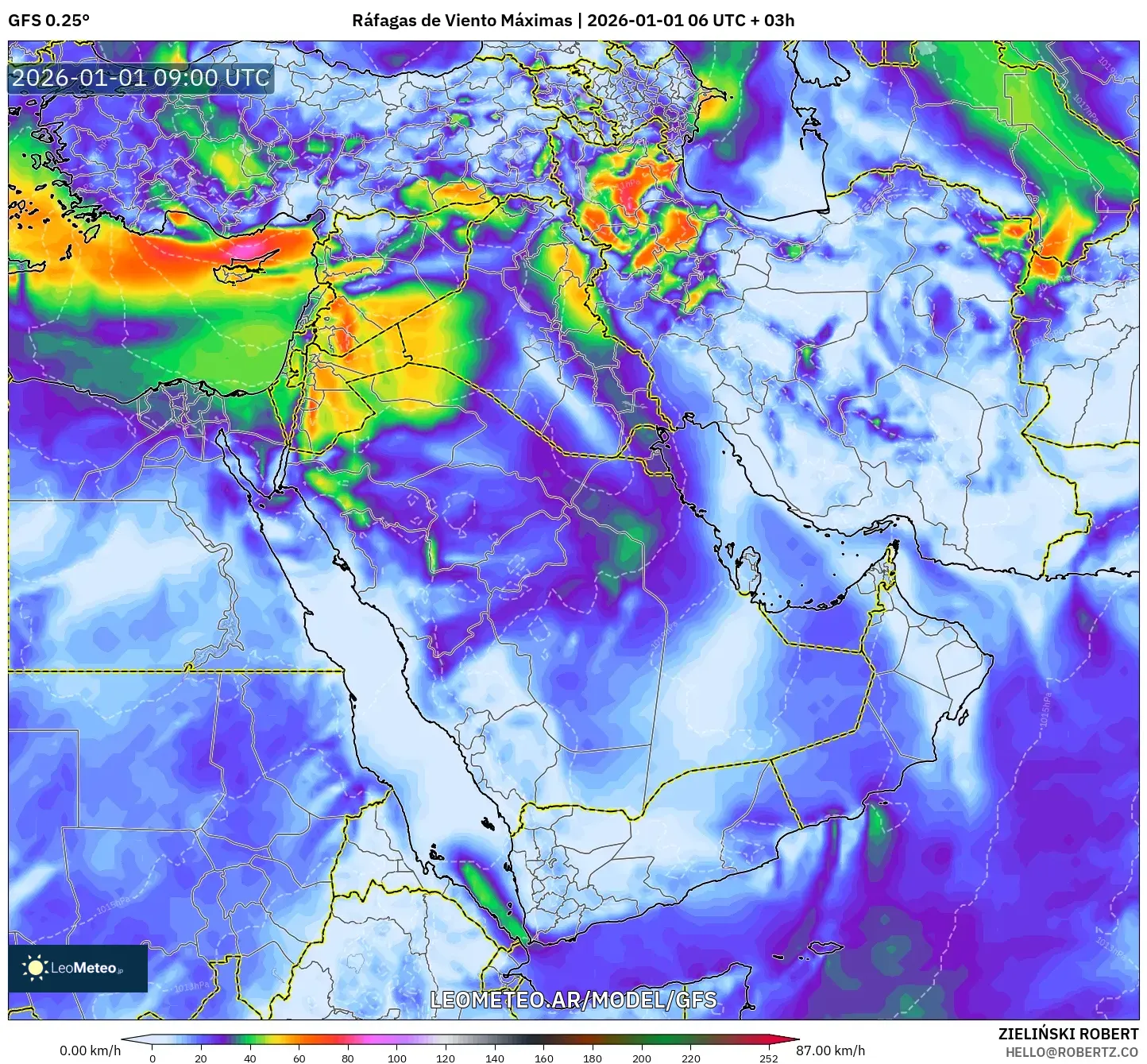 GFS model - Oriente Medio, Ráfagas de Viento Máximas