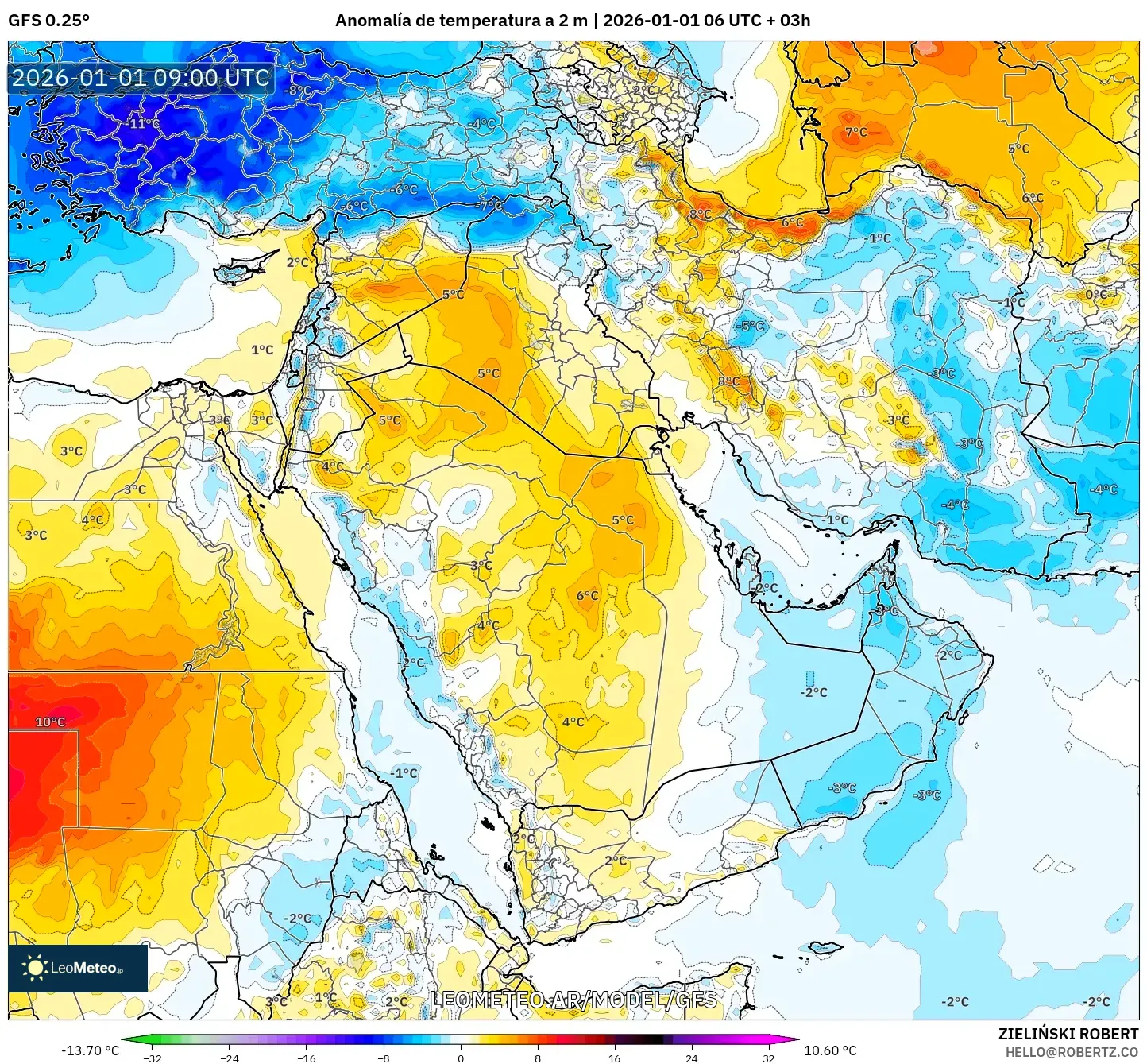 GFS model - Oriente Medio, Anomalía de temperatura a 2 m
