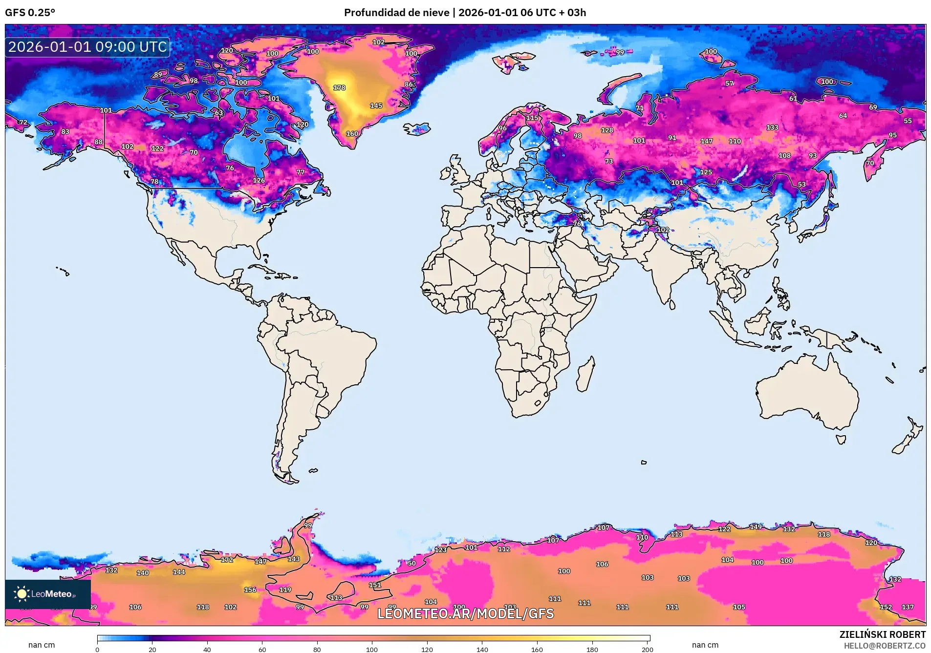 GFS model - Mundo, Profundidad de nieve