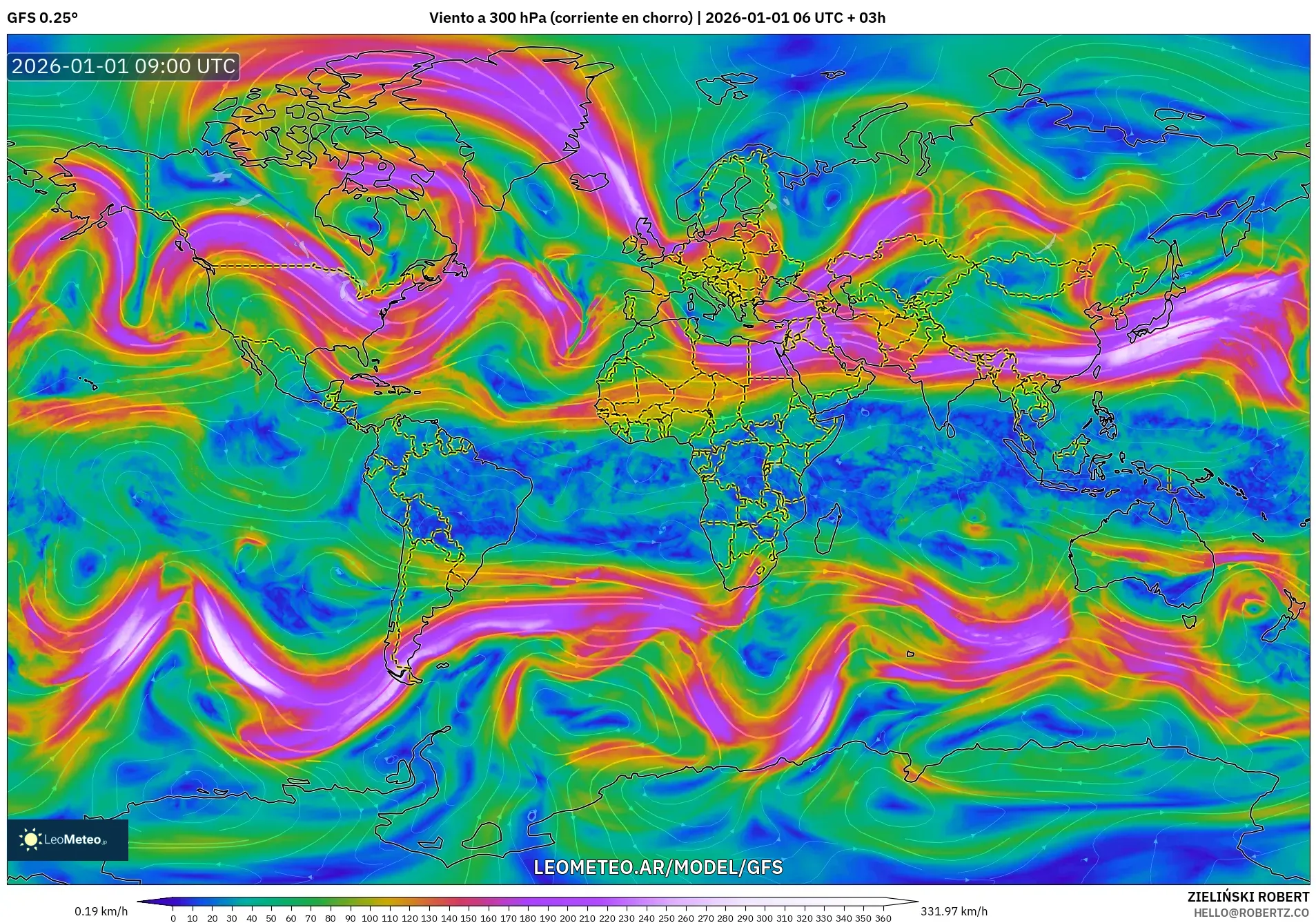 GFS model - Mundo, Viento a 300 hPa (corriente en chorro)
