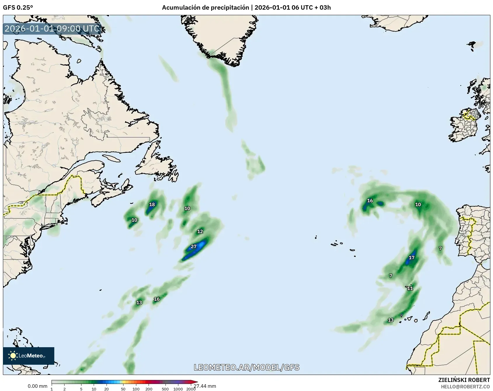 GFS model - Norte Atlántico, Acumulación de precipitación