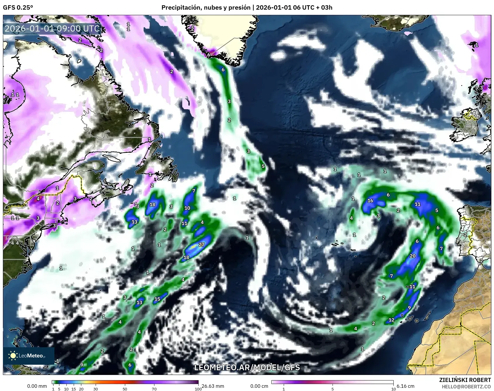 GFS model - Norte Atlántico, Precipitación, nubes y presión