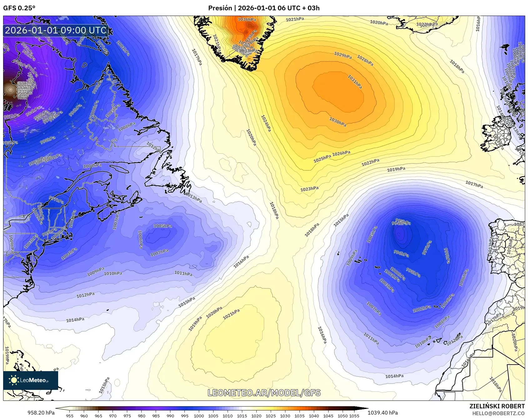GFS model - Norte Atlántico, Presión