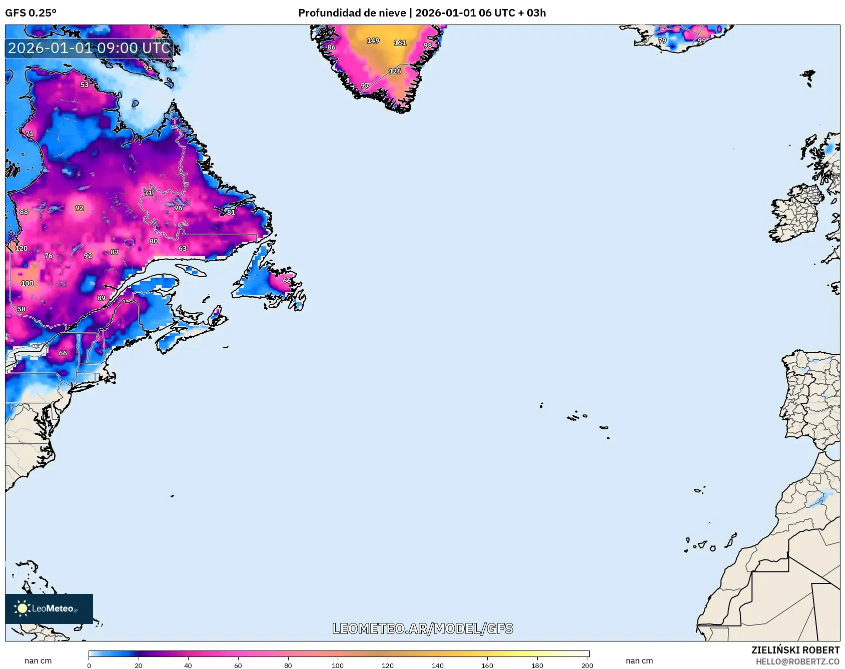 GFS model - Norte Atlántico, Profundidad de nieve