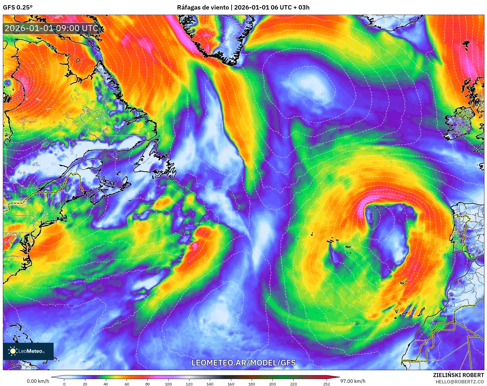 GFS model - Norte Atlántico, Ráfagas de viento