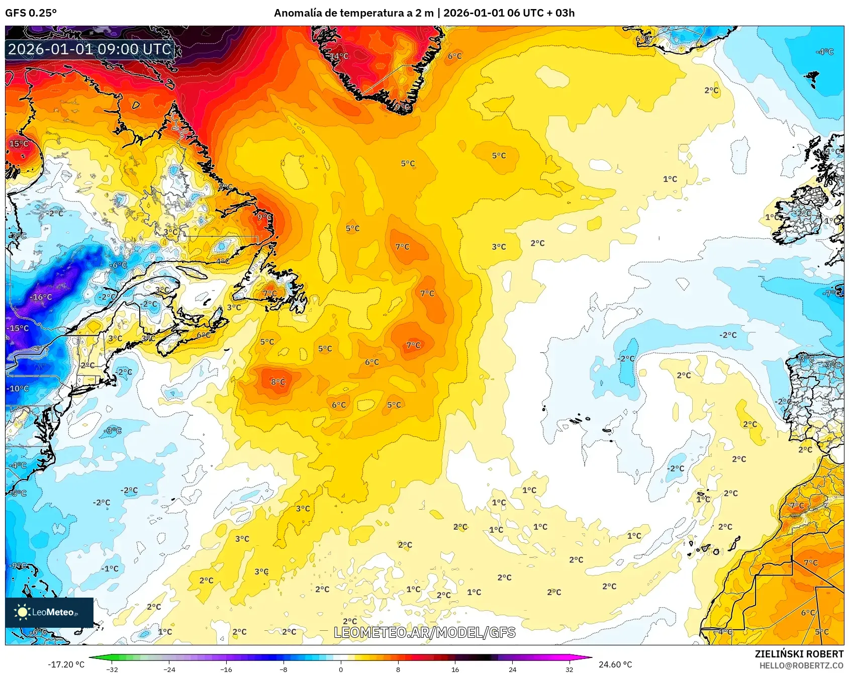GFS model - Norte Atlántico, Anomalía de temperatura a 2 m