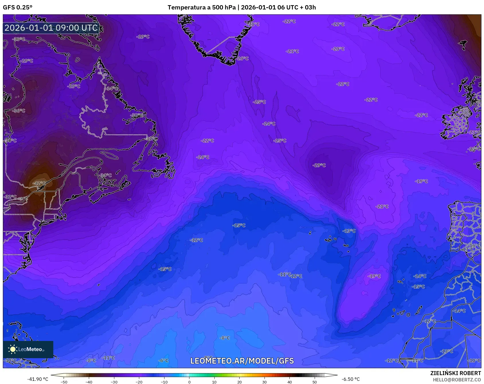 GFS model - Norte Atlántico, Temperatura a 500 hPa