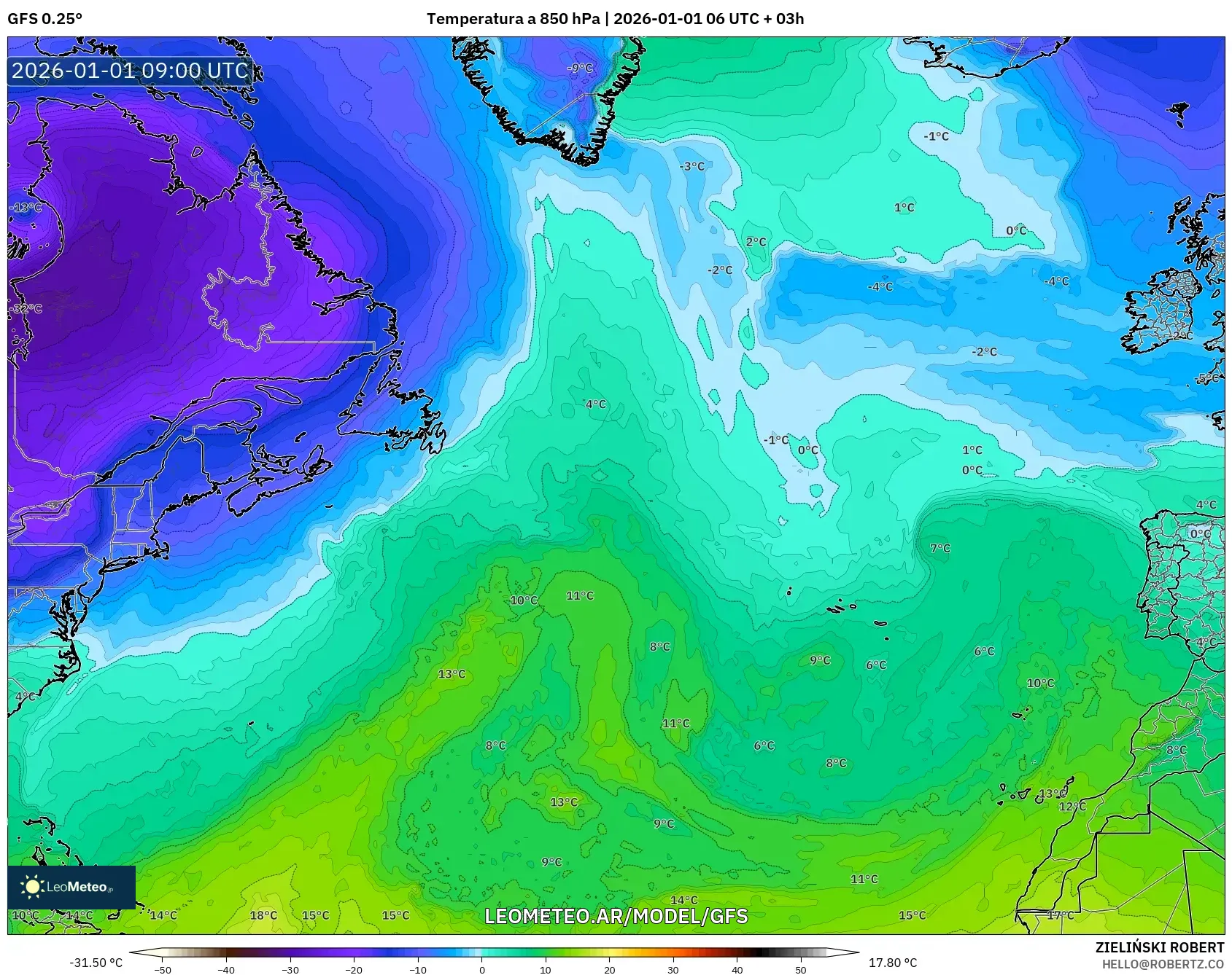 GFS model - Norte Atlántico, Temperatura a 850 hPa