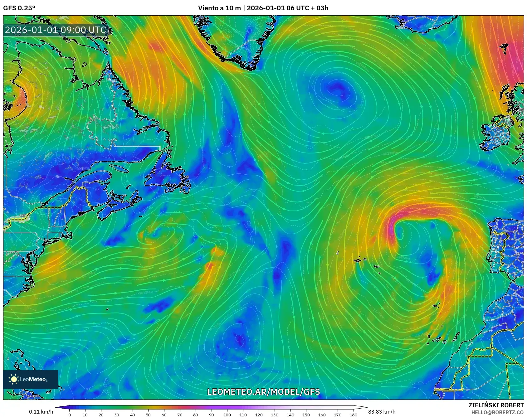 GFS model - Norte Atlántico, Viento a 10 m