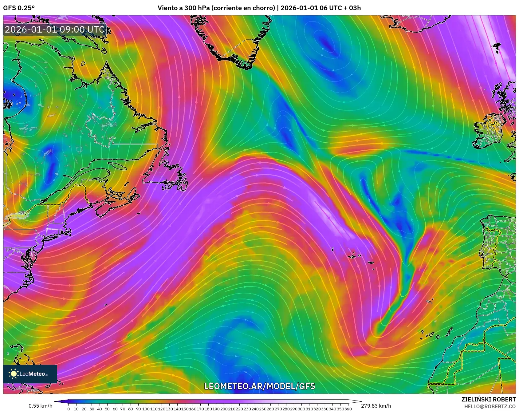 GFS model - Norte Atlántico, Viento a 300 hPa (corriente en chorro)