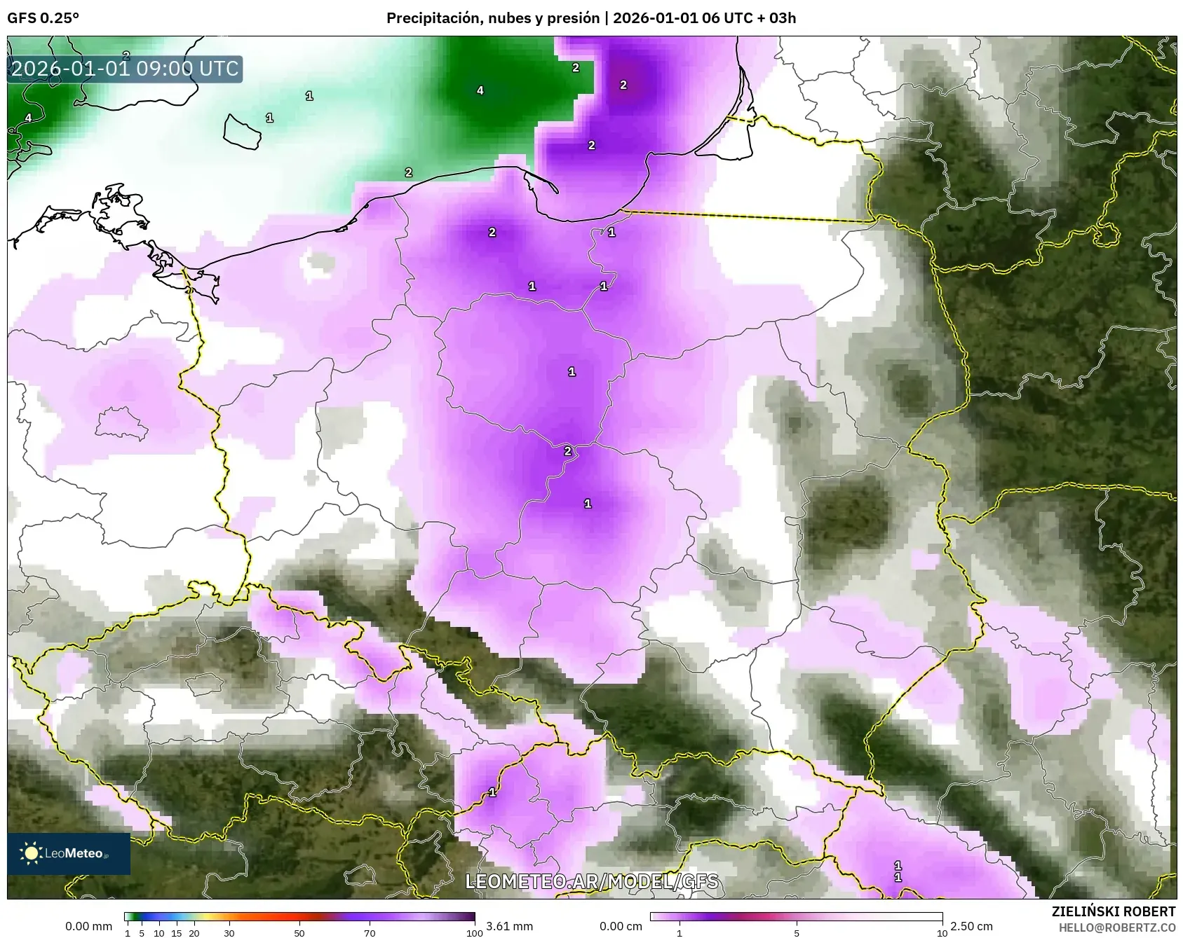 GFS model - Polonia, Precipitación, nubes y presión