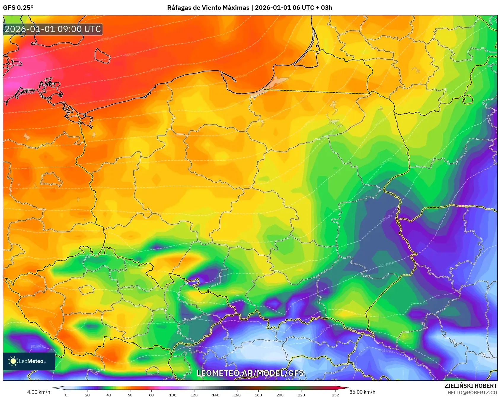 GFS model - Polonia, Ráfagas de Viento Máximas