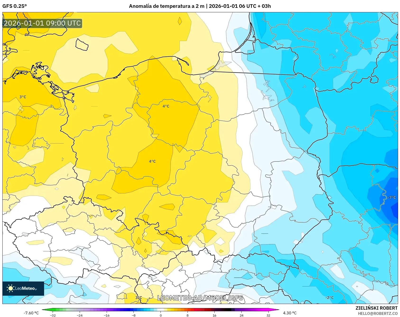 GFS model - Polonia, Anomalía de temperatura a 2 m
