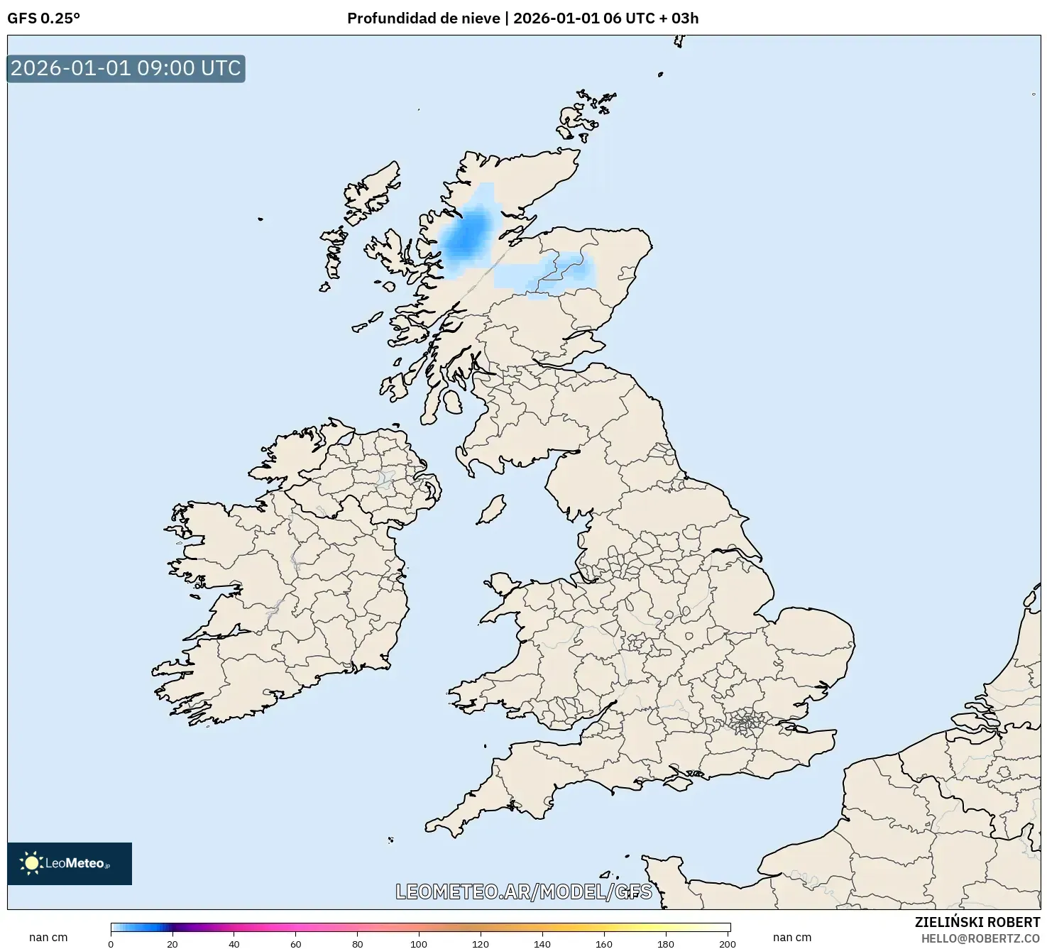 GFS model - Reino Unido, Profundidad de nieve