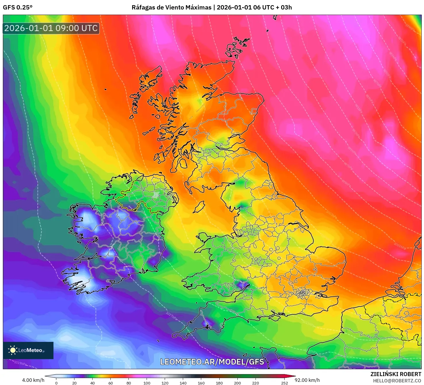 GFS model - Reino Unido, Ráfagas de Viento Máximas