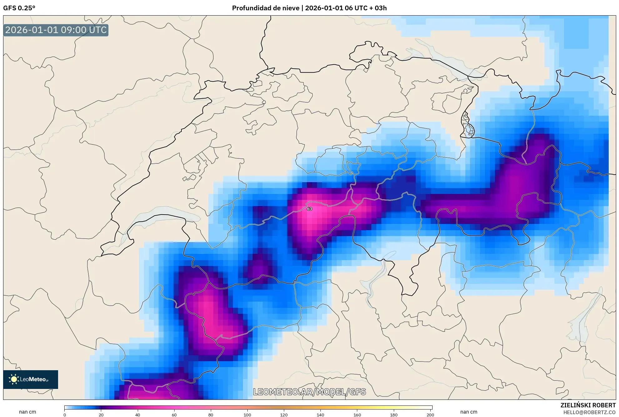 GFS model - Suiza, Profundidad de nieve