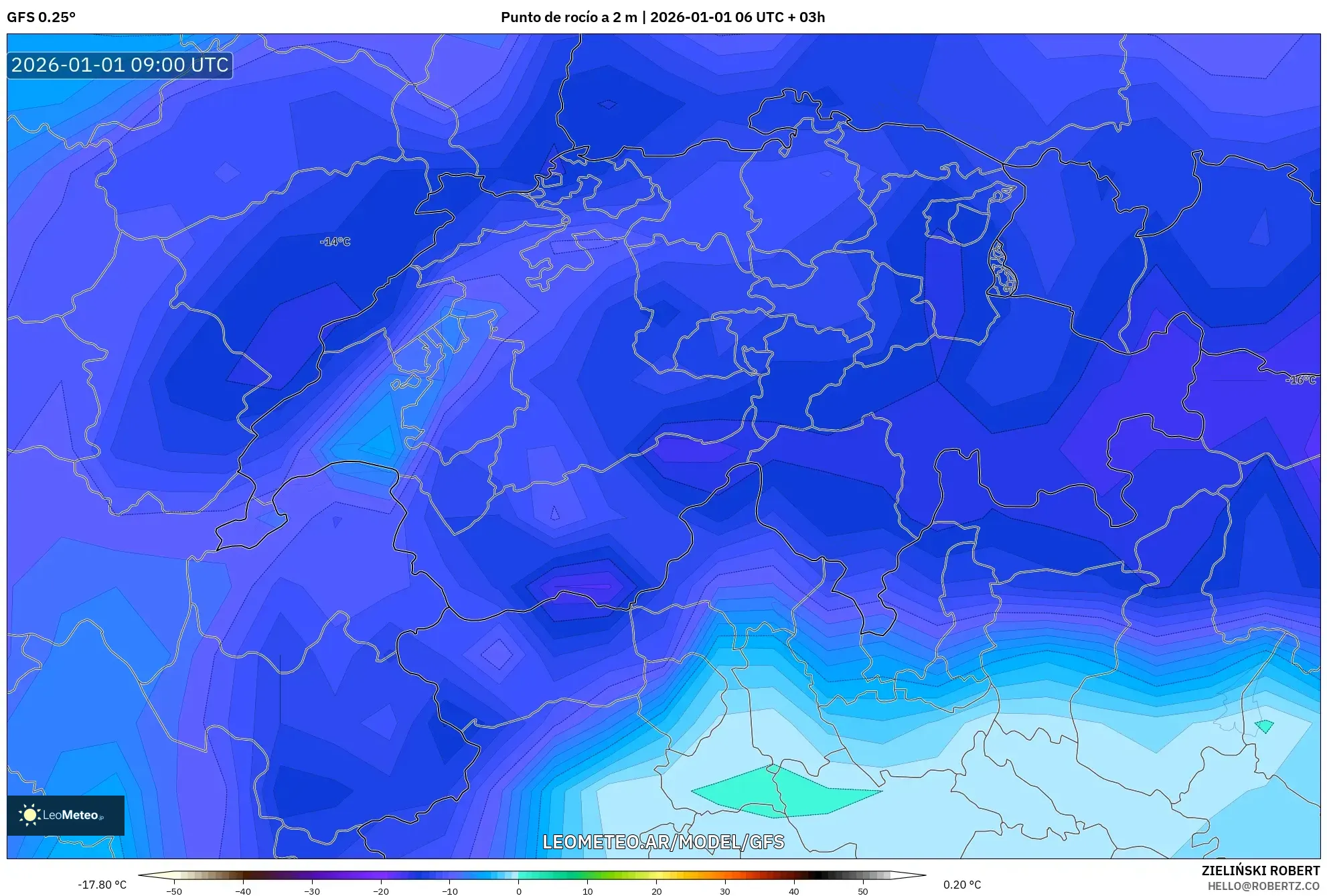 GFS model - Suiza, Punto de rocío a 2 m