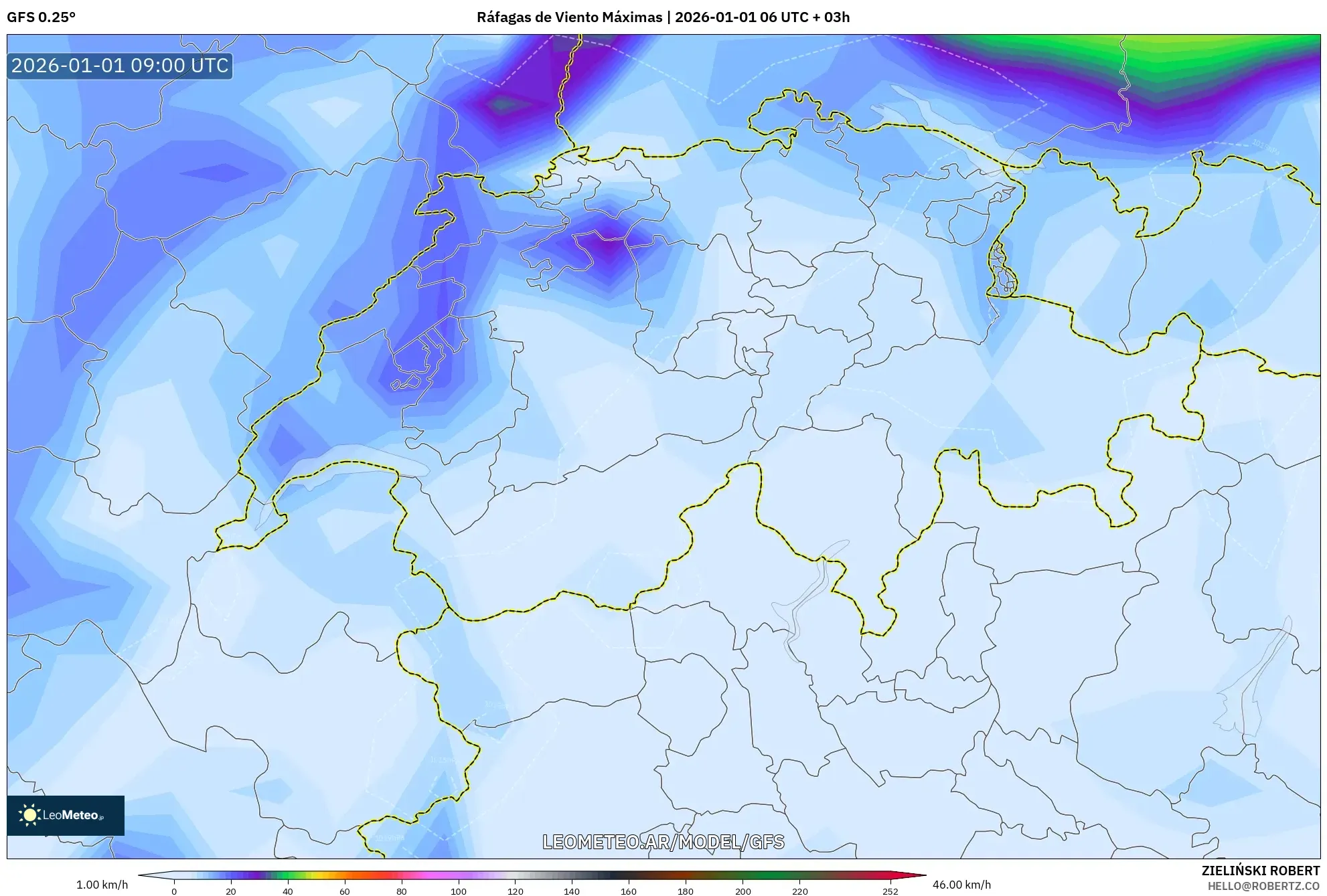 GFS model - Suiza, Ráfagas de Viento Máximas