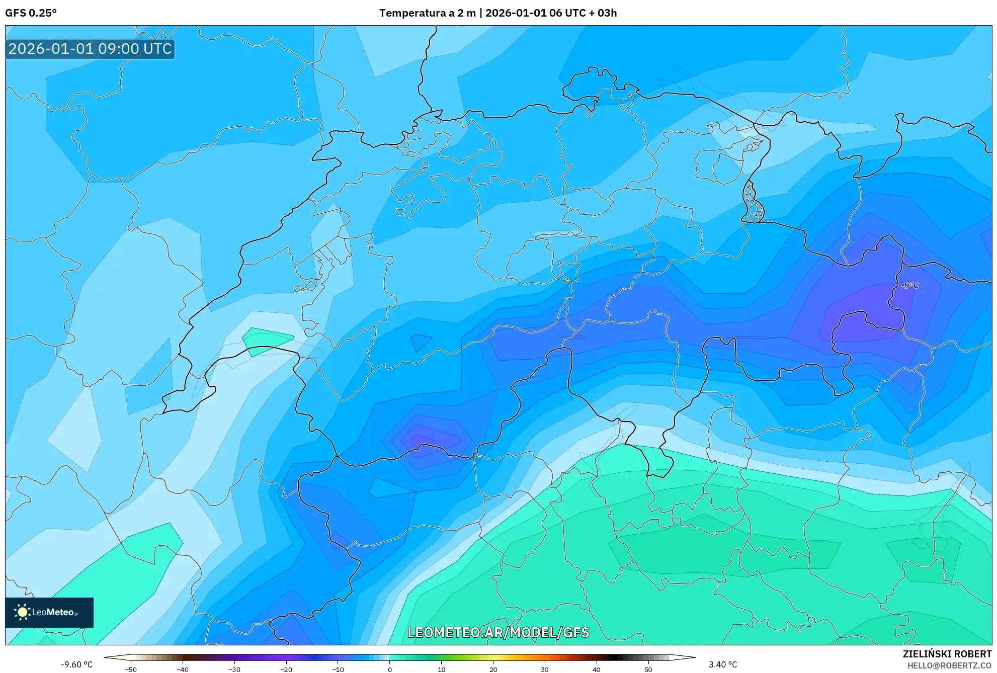 GFS model - Suiza, Temperatura a 2 m