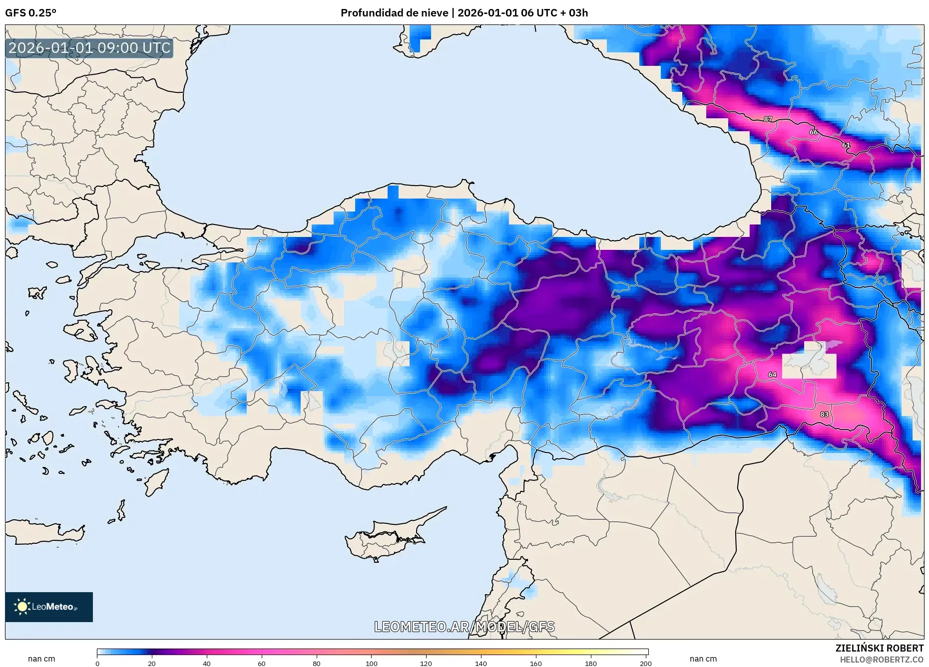 GFS model - Turquía, Profundidad de nieve